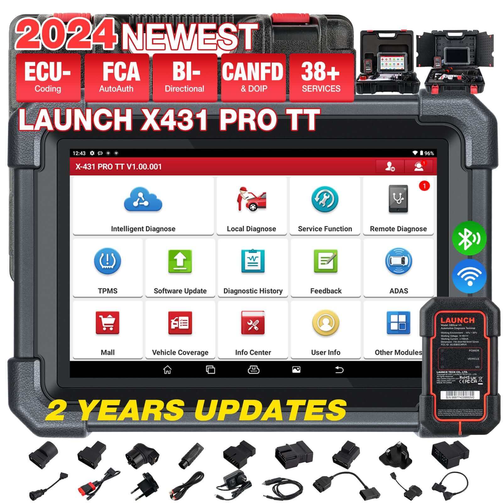 LAUNCH® X431 PRO TT Bidirectional Scan Tool with DBSCar VII Connector,37+ Reset for All Cars,ECU Online Coding,CANFD Key IMMO,