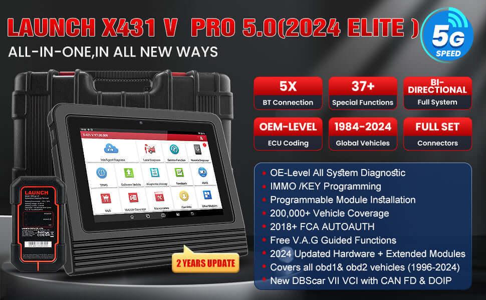 LAUNCH X431 PRO V5.0 2024 Diagnostic Scan Tool with CANFD for 2024 Models Same as X431 V+, ECU Coding Active Test 37+ Resets OEM Full System OBD2 Scanner, AutoAuth for FCA SGW, 2 Years Free Update