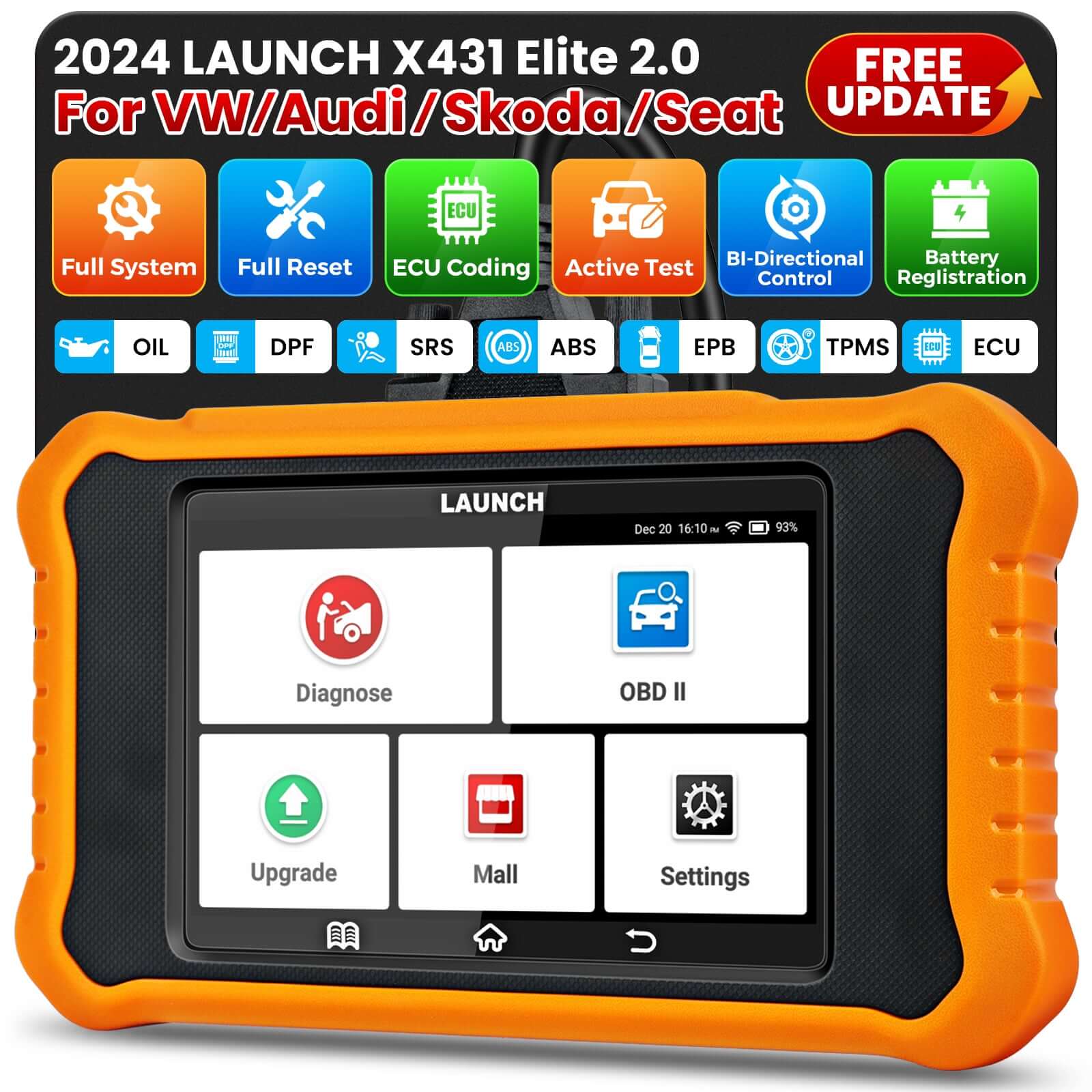 LAUNCH X431 Creader Elite 2.0 For AUDI OBD2 Scanner Bi Directional Diagnostic Tool SRS DPF Oil Reset Code Reader(Support Volkswagen, Audi, Bentley, Skoda, Bugatti, Lamborghini, Seat)