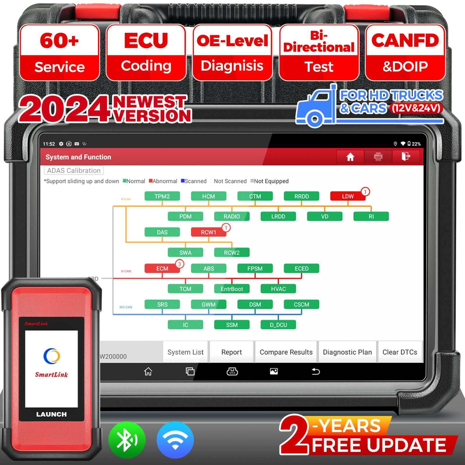 LAUNCH X431 PRO3S+ SmartLink HD 12V Car 24V Truck Heavy Duty OBDII Diagnostic Tool ECU Coding Active Test 31+ Reset Services