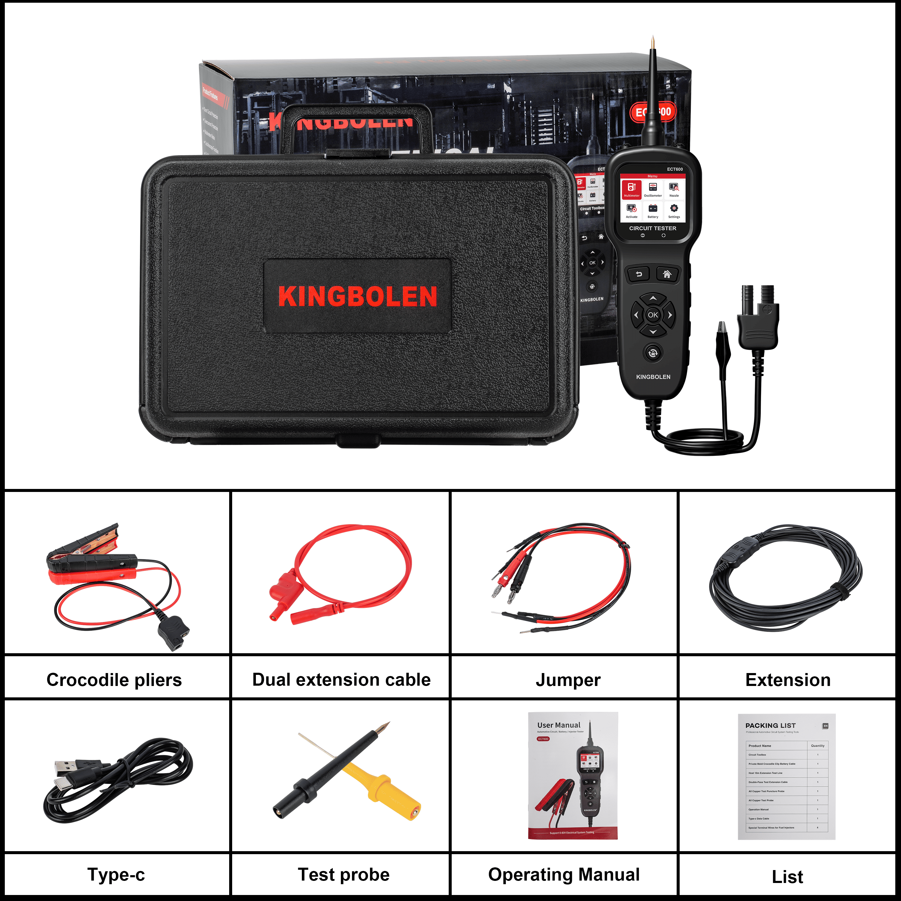 KINGBOLEN ECT600 12/24V Car Battery Tester Multi-function Battery Analyzer 0-80V DC With 10m Extension Cord