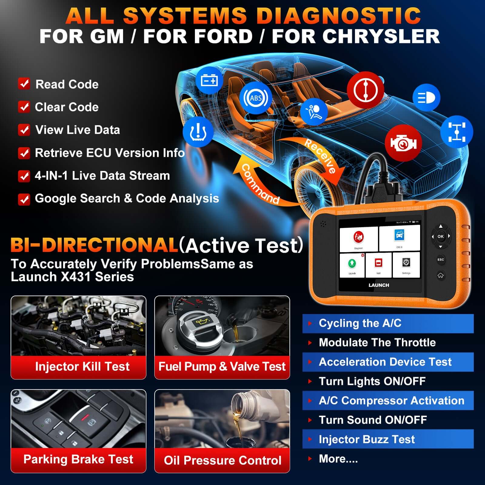 2025 LAUNCH X431 Creader Elite V2.0 for Ford/GM/Chrysler Diagnostic Scanner Bi Directional Scan Tool FGC Code Reader