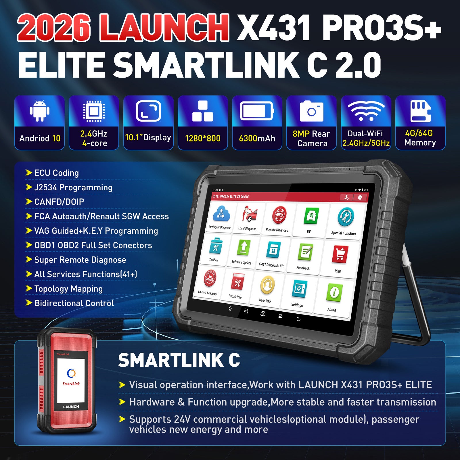 LAUNCH X431 PRO3S+ Elite SmartlinkC 2.0 Car & HD Truck Bi-Directional and ECU Coding Diagnostic Scan Tool with J2534 Coding,Topology Map