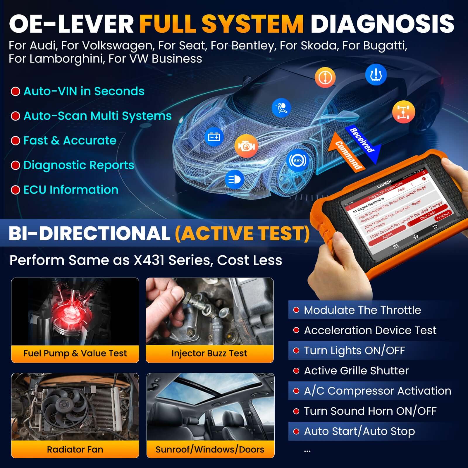 LAUNCH X431 Creader Elite 2.0 For AUDI OBD2 Scanner Bi Directional Diagnostic Tool SRS DPF Oil Reset Code Reader(Support Volkswagen, Audi, Bentley, Skoda, Bugatti, Lamborghini, Seat)