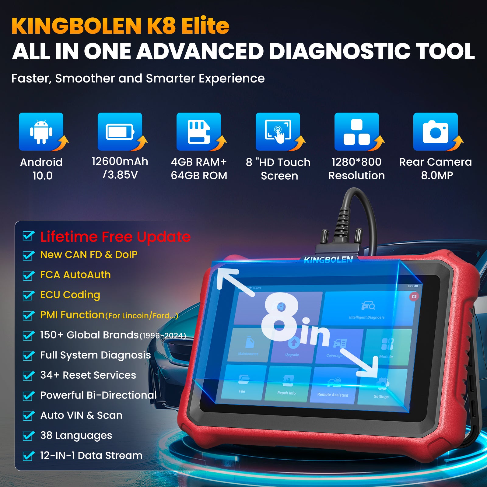 KINGBOLEN K8 Elite OBD2 Scanner with Lifetime Free Updates, 8" Wireless Diagnostic Tool, ECU Coding, Bi-Directional, 34+ Reset, CANFD, DOIP, FCA AutoAuth