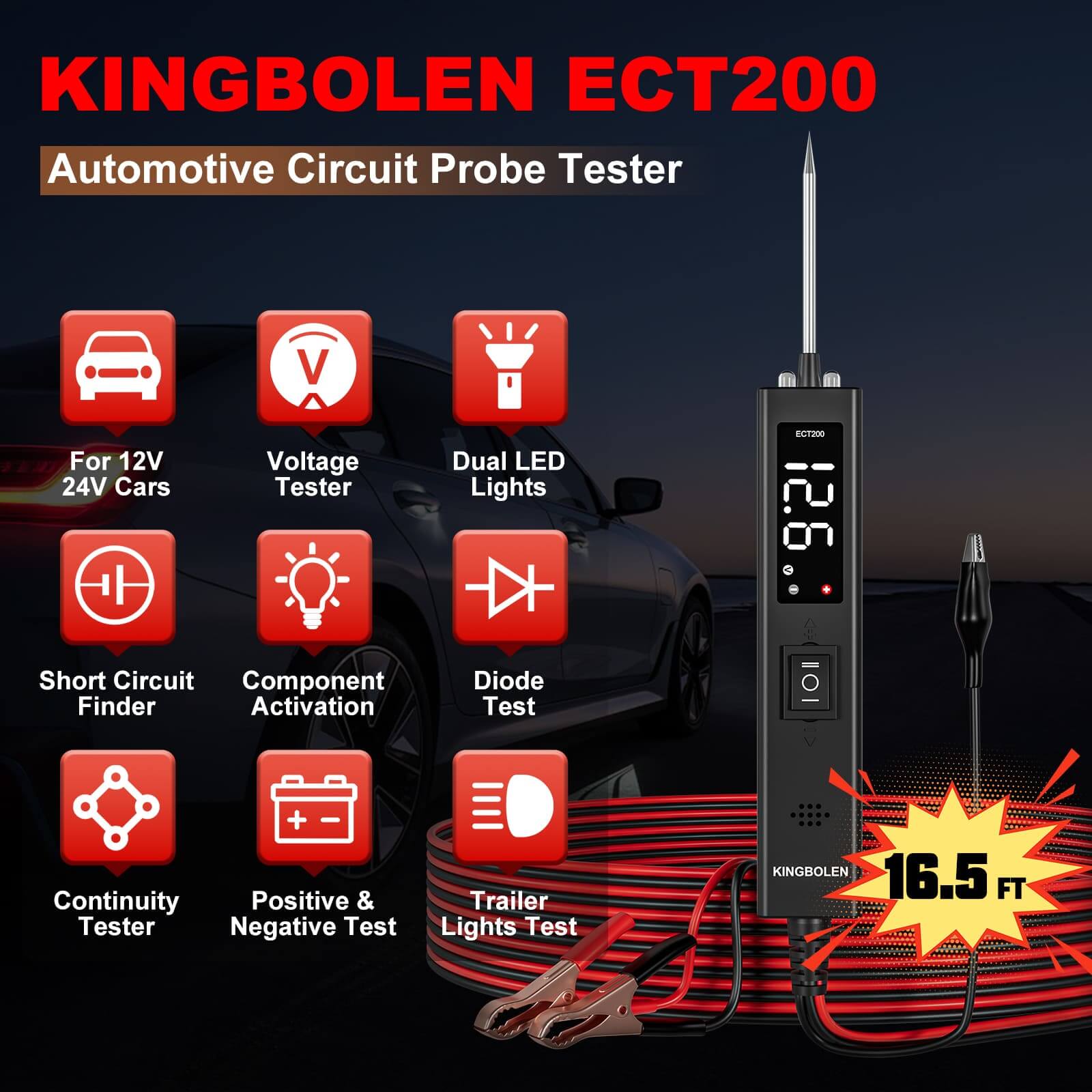 KINGBOLEN ECT200 12V&24V Car Battery Tester Maximum 8A With LED Screen Battery Analyzer