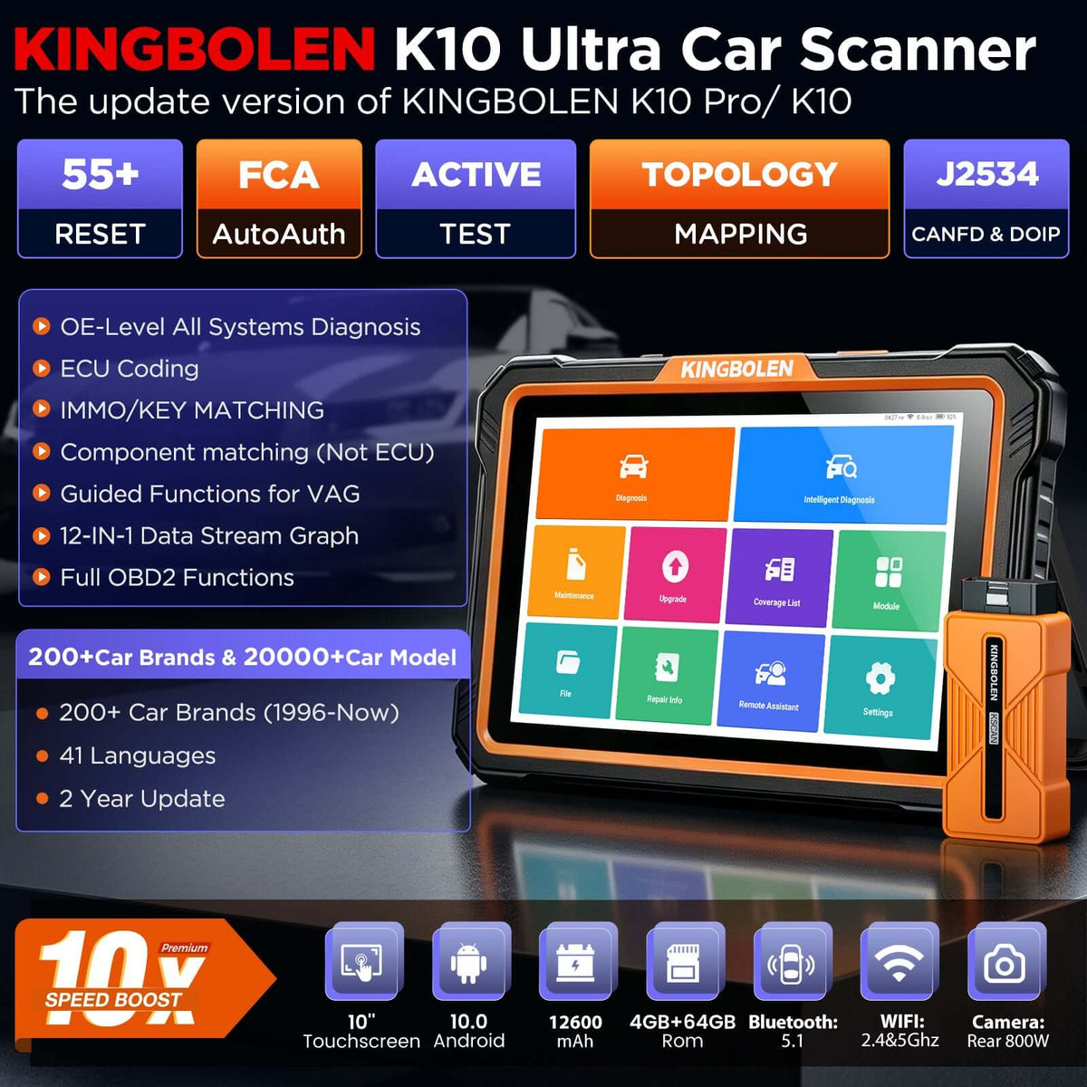 KINGBOLEN K10 Ultra Car Scanner featuring J2534 Pass-Thru for bi-directional diagnostics and multiple vehicle support.