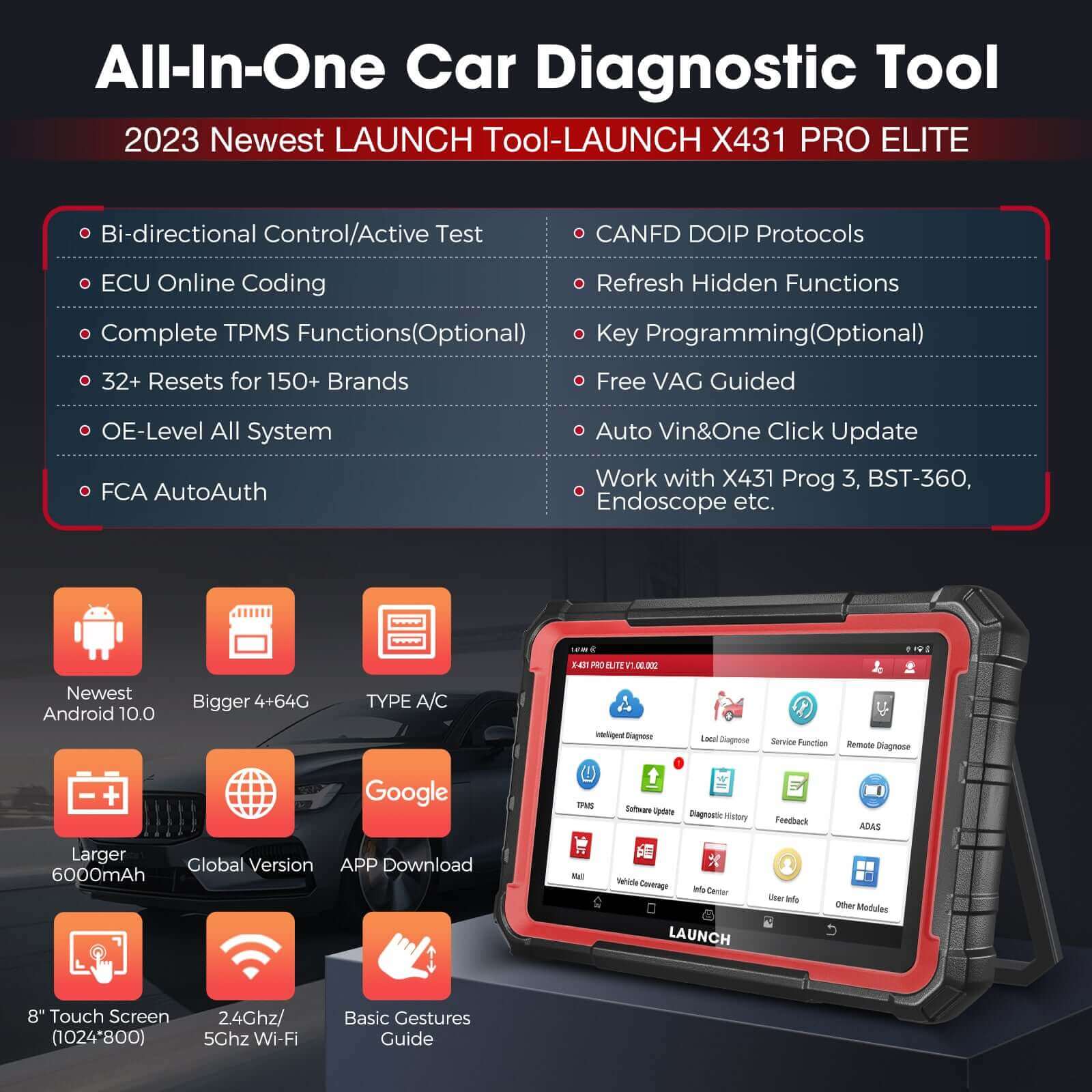 LAUNCH X431 PRO Elite ECU Coding and Bidirectional OBD2 Scanner CAN FD DOIP support