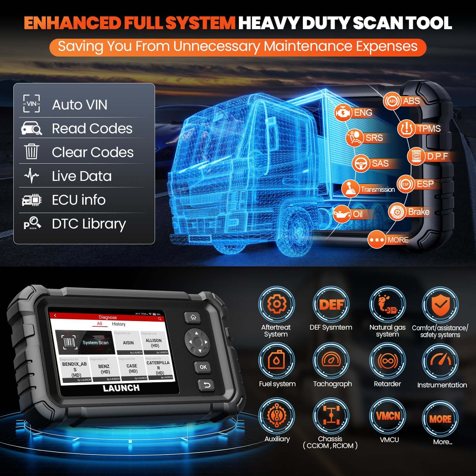 LAUNCH CRP129 HD Elite Heavy Duty Truck Full System Scanner with 7 Resets