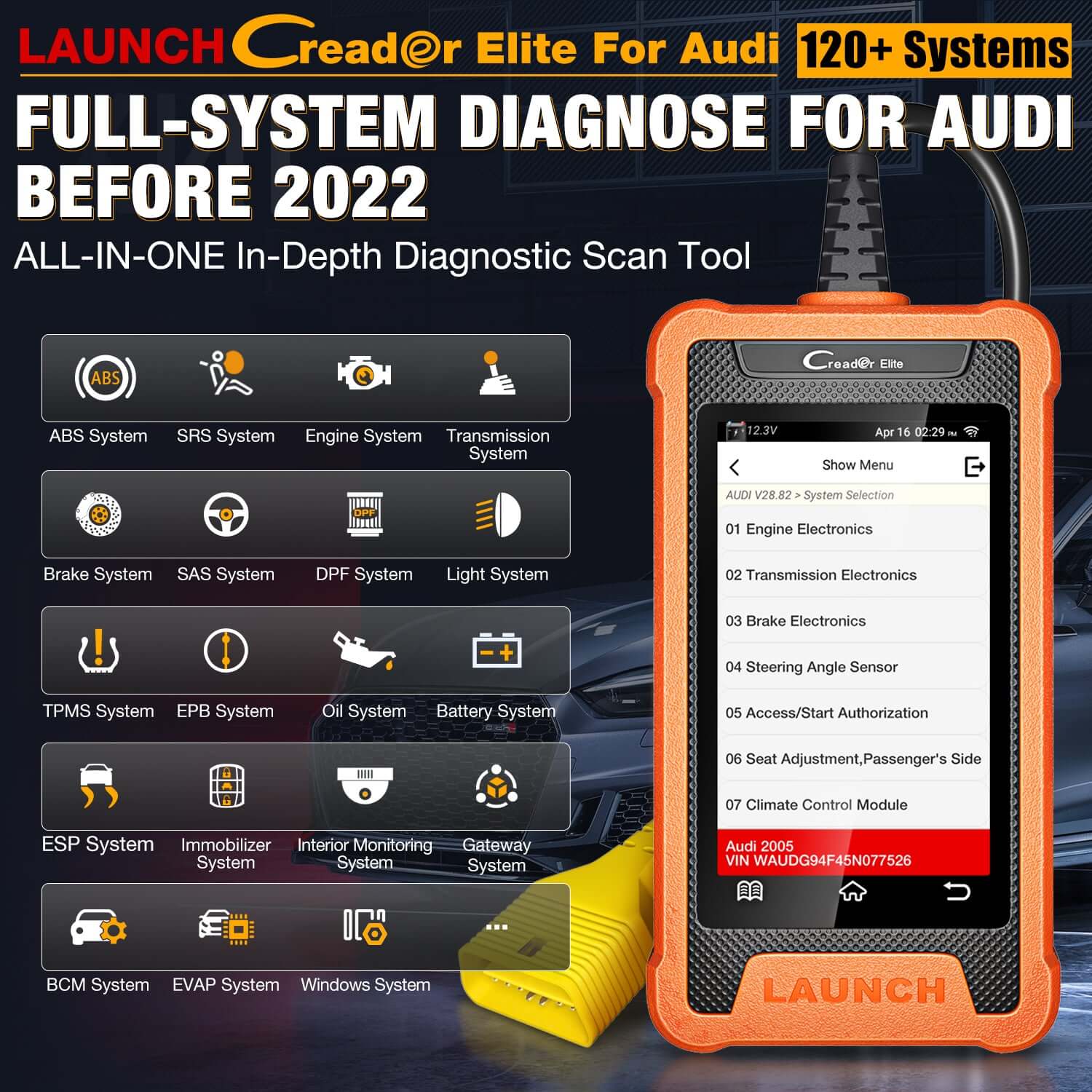 LAUNCH X431 Creader Elite For VW Audi Car Full System Bi directional Diagnostic Scanner OBD2 Code Reader(Support Volkswagen, Audi, Bentley, Skoda, Bugatti, Lamborghini, Seat)