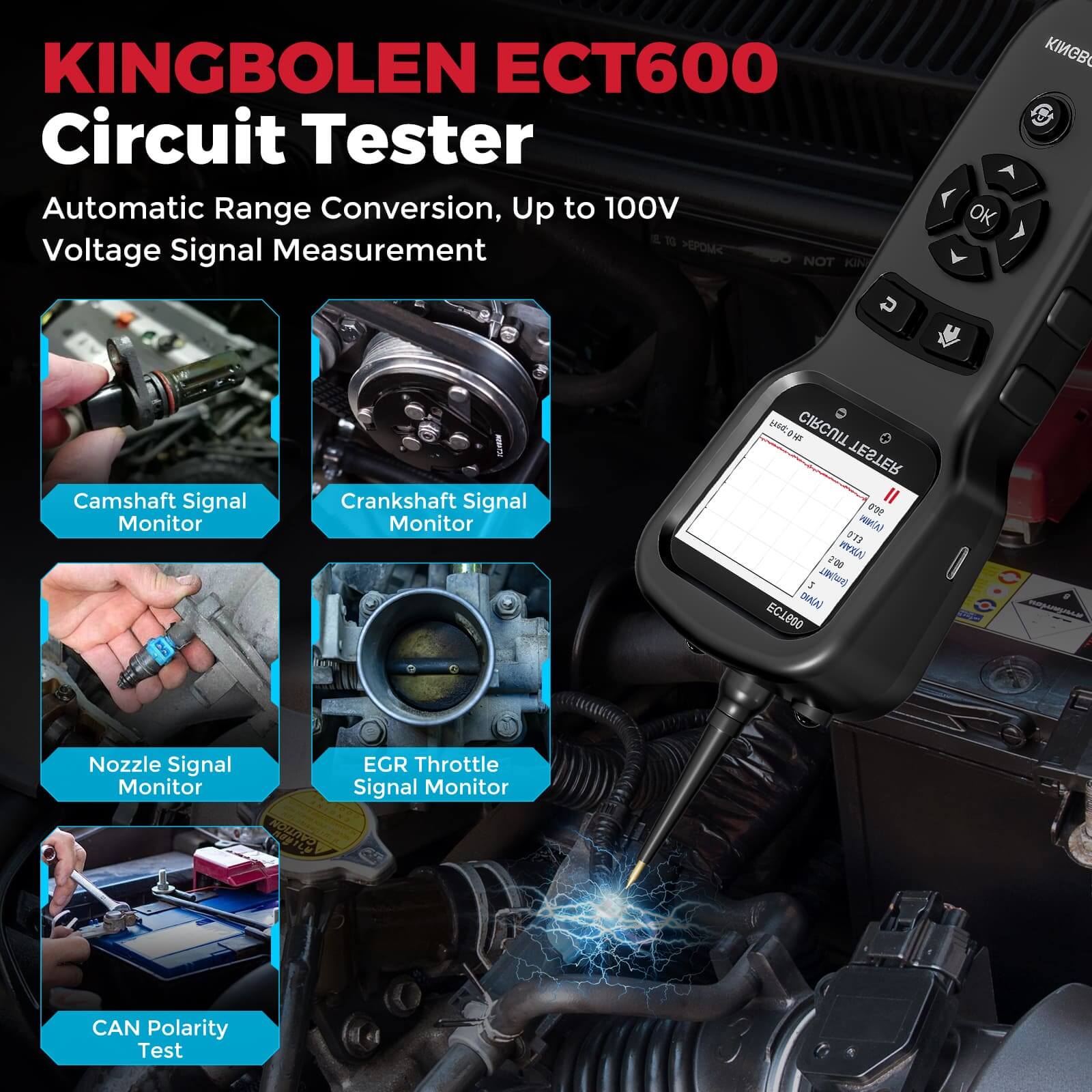 KINGBOLEN ECT600 12/24V Car Battery Tester Multi-function Battery Analyzer 0-80V DC With 10m Extension Cord