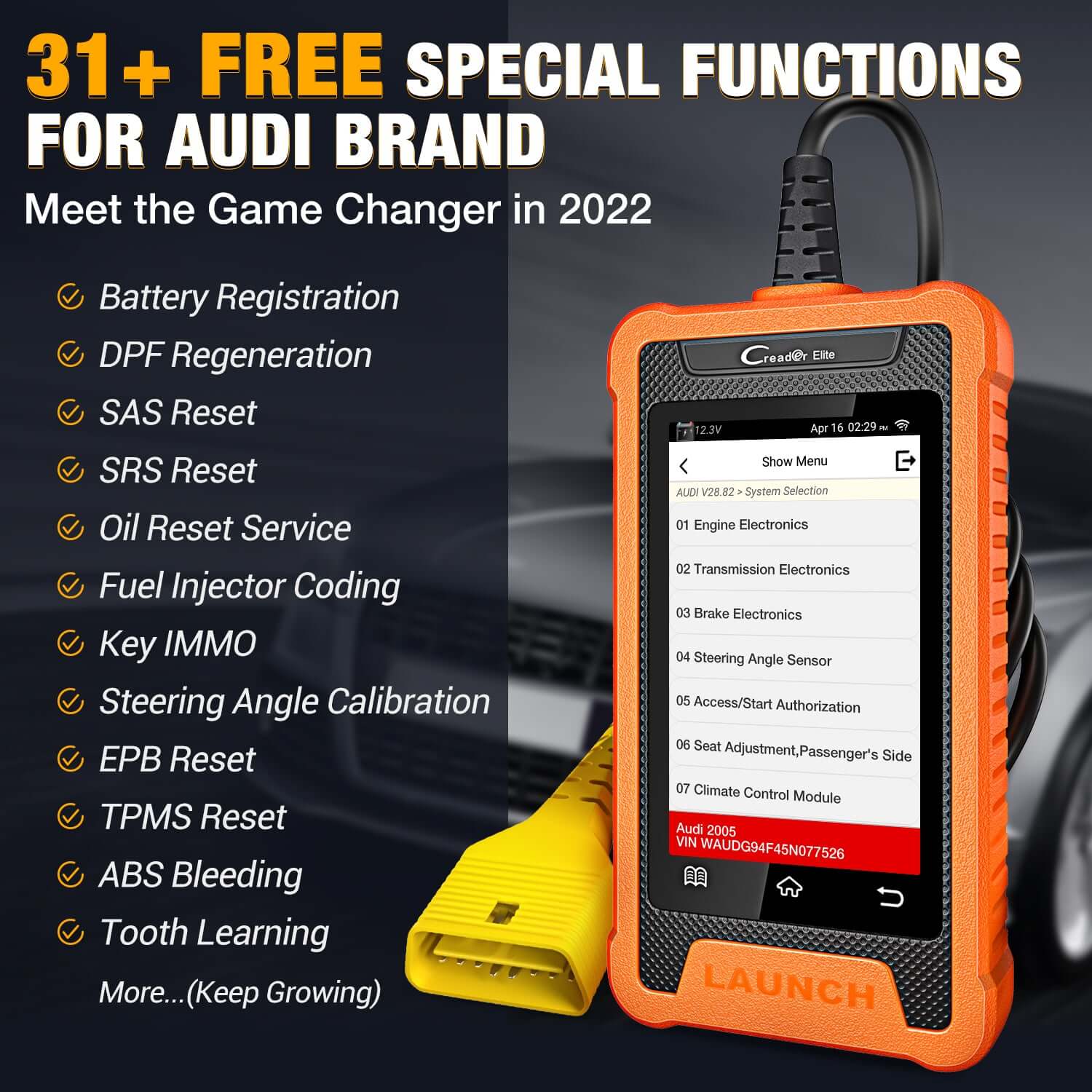 LAUNCH X431 Creader Elite For VW Audi Car Full System Bi directional Diagnostic Scanner OBD2 Code Reader(Support Volkswagen, Audi, Bentley, Skoda, Bugatti, Lamborghini, Seat)