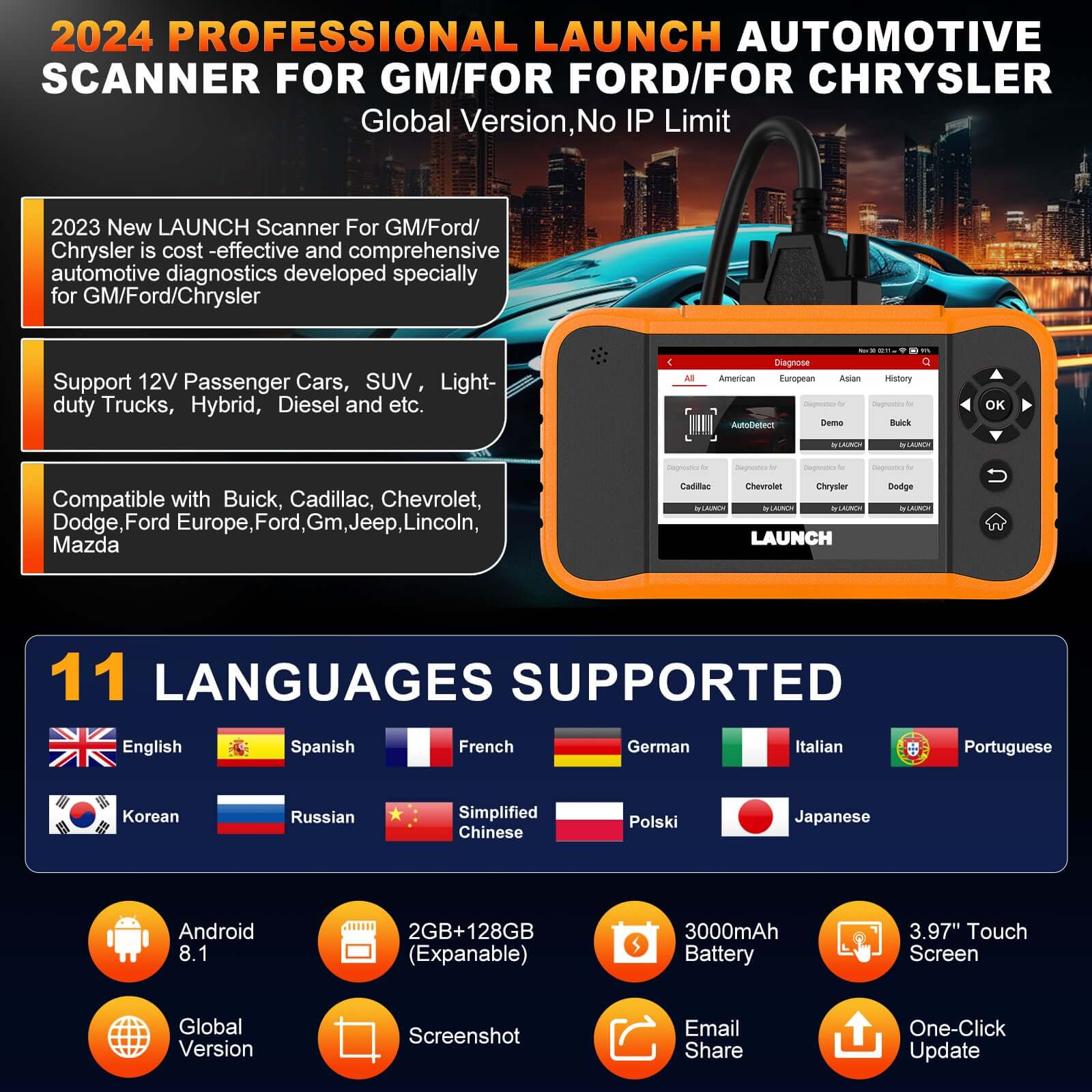 2025 LAUNCH X431 Creader Elite V2.0 for Ford/GM/Chrysler Diagnostic Scanner Bi Directional Scan Tool FGC Code Reader