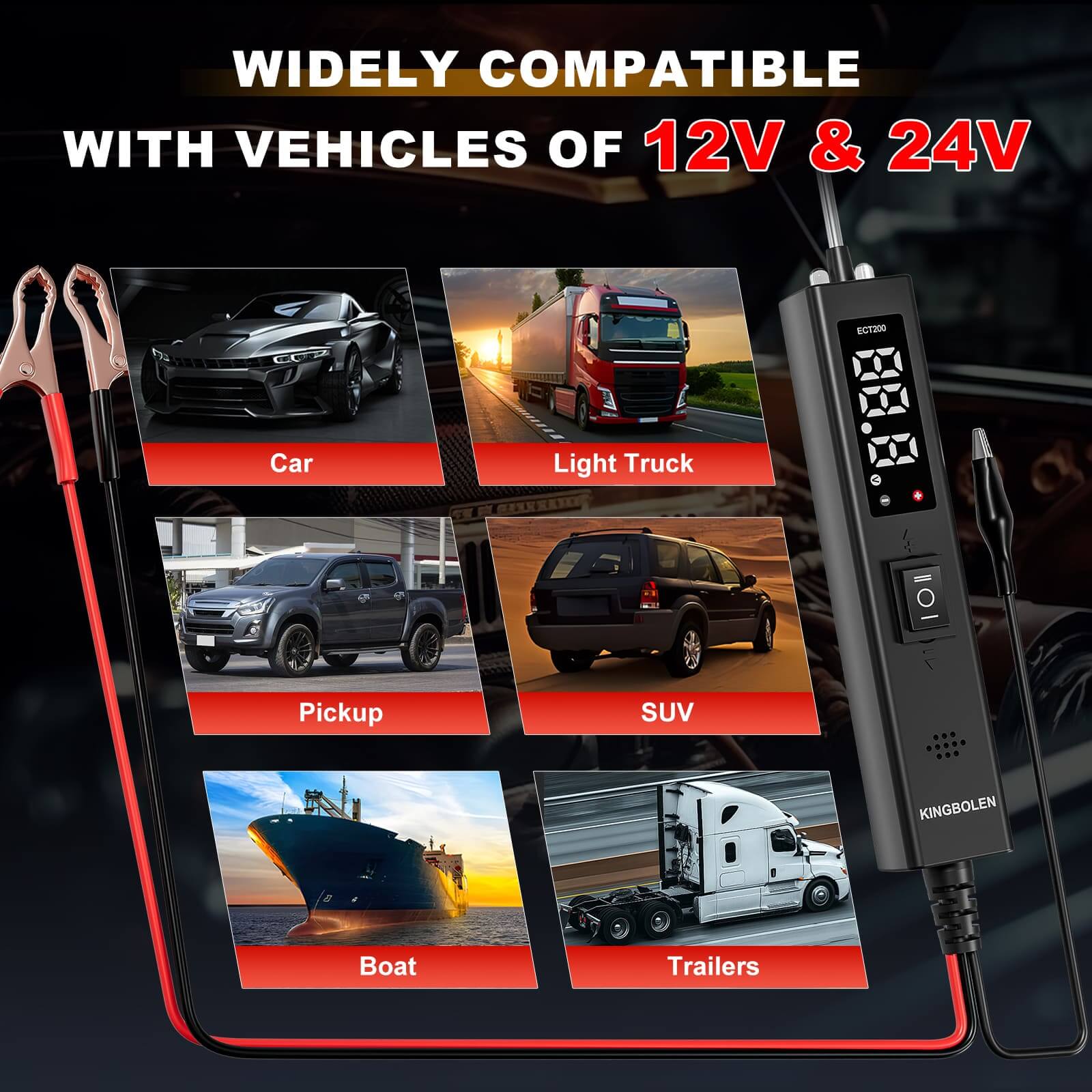 KINGBOLEN ECT200 12V&24V Car Battery Tester Maximum 8A With LED Screen Battery Analyzer