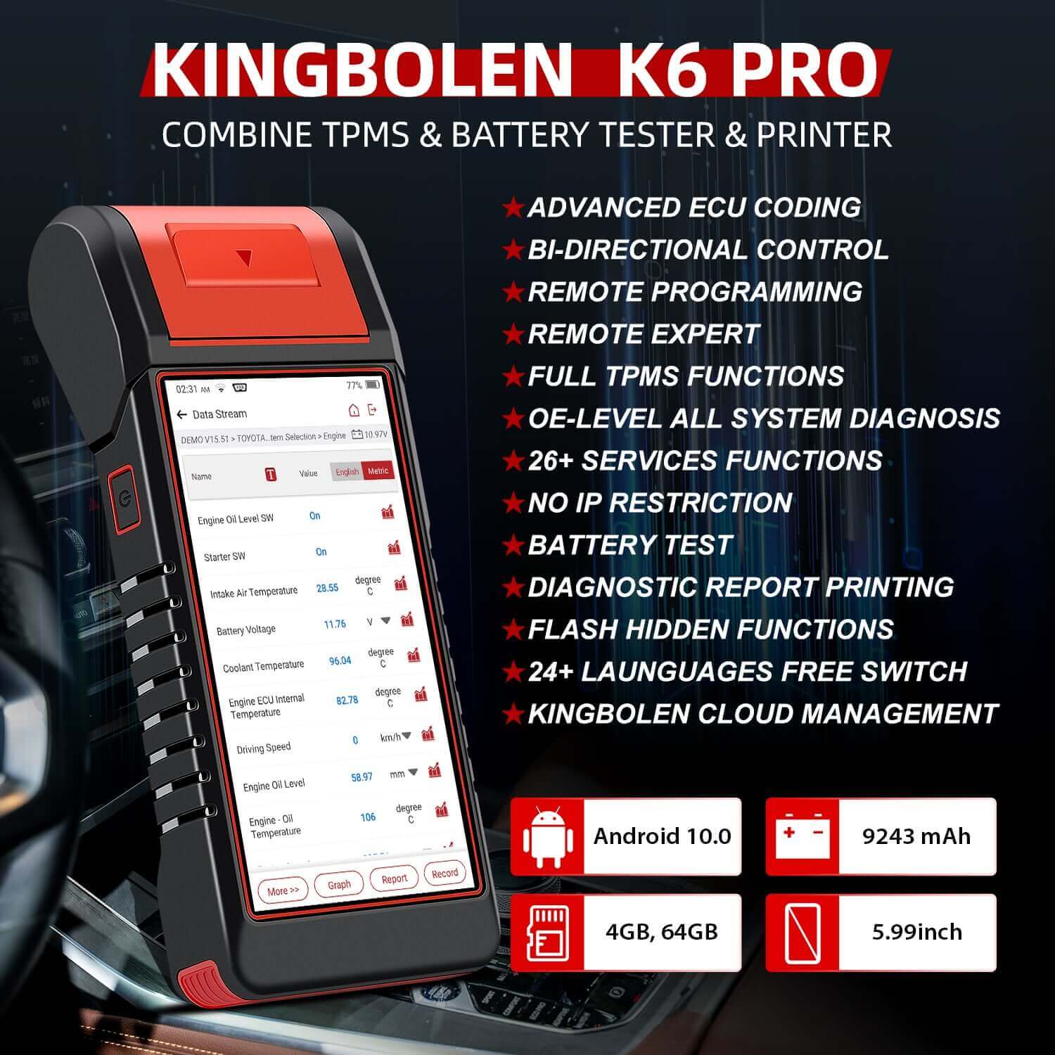 KINGBOLEN® K6 PRO All Systems Battery Tester TPMS Printer Diagnostic Scanner with 2 Years Free update K7 upgrate version