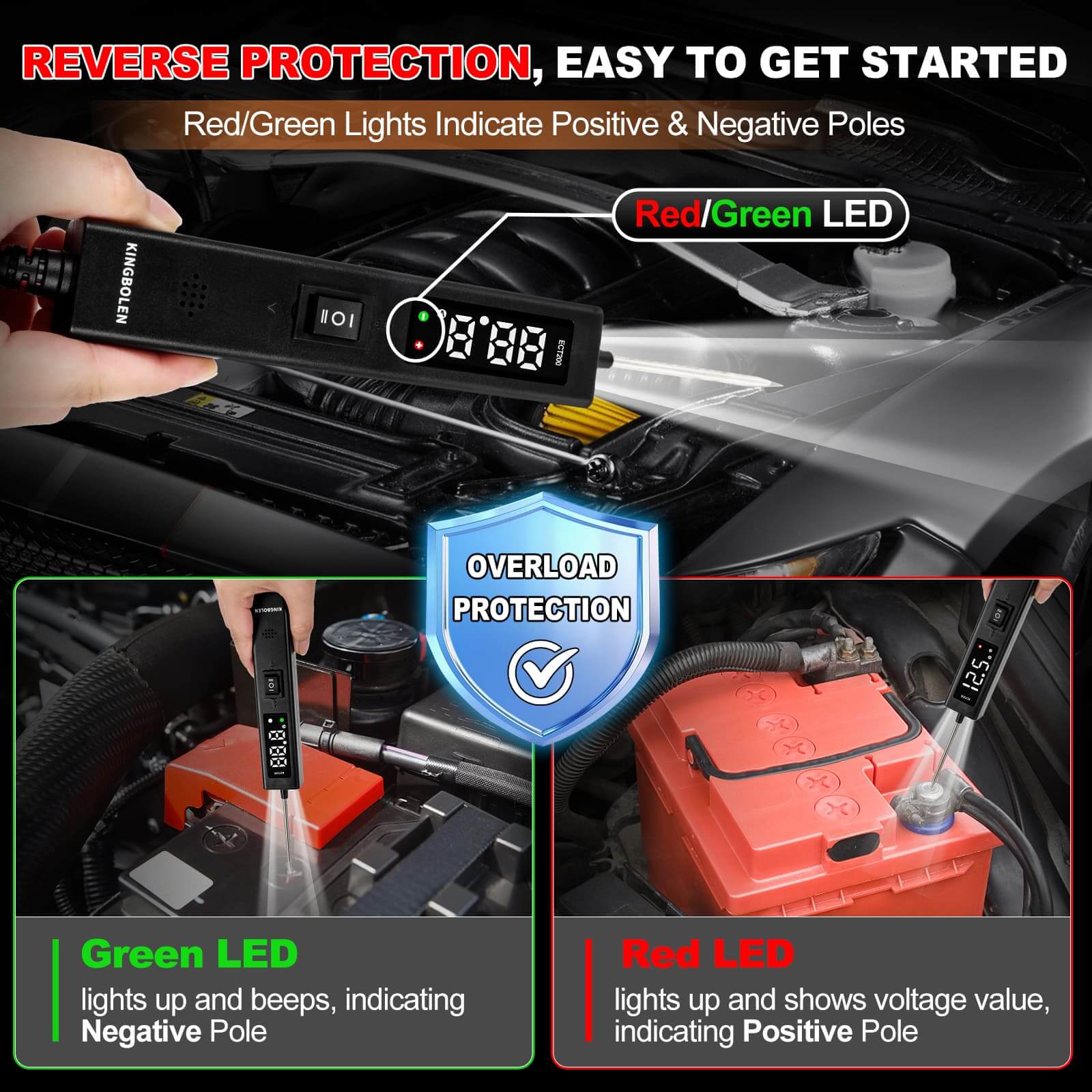 KINGBOLEN ECT200 12V&24V Car Battery Tester Maximum 8A With LED Screen Battery Analyzer