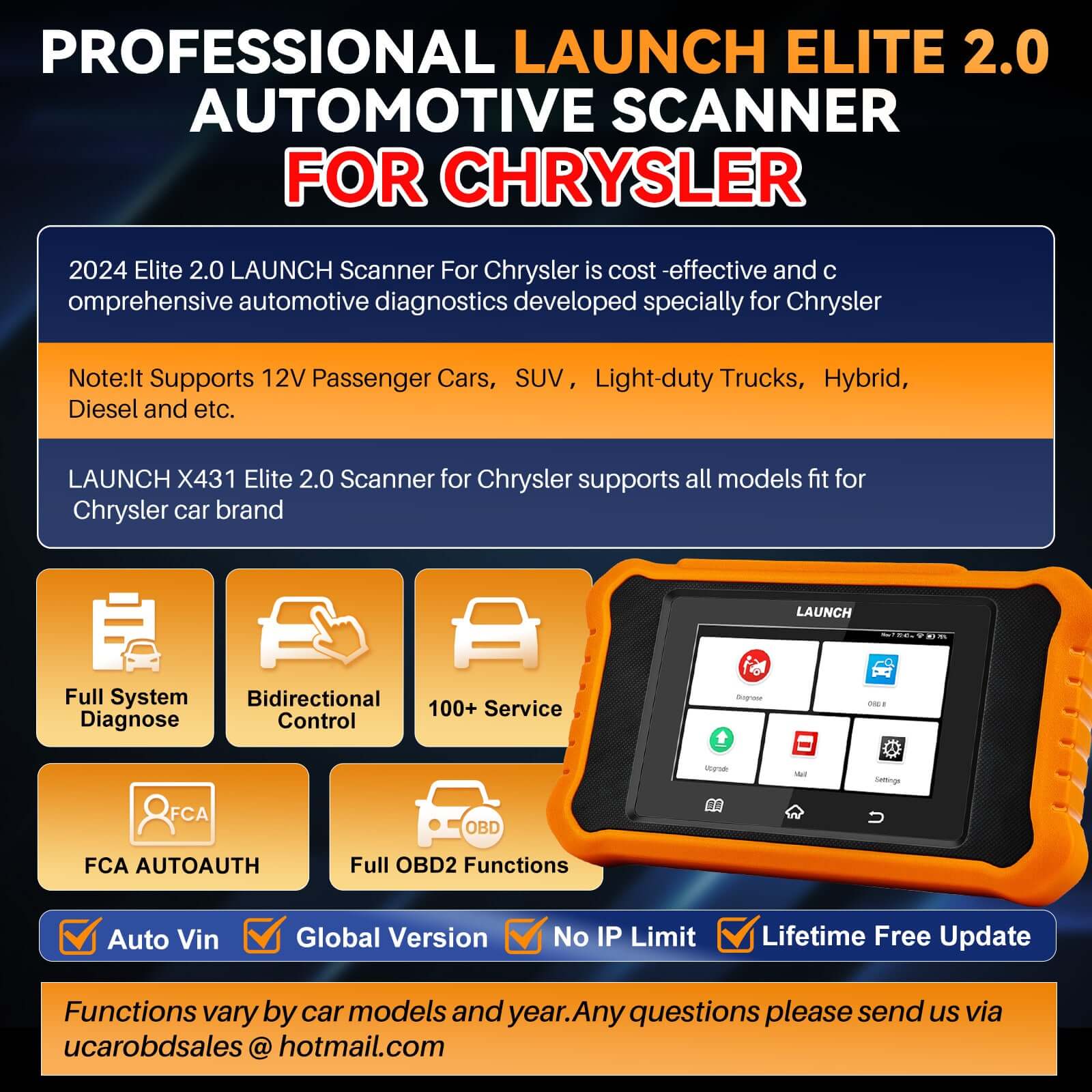 LAUNCH X431 Creader Elite 2.0 for CHRYSLER Bi directional Diagnostic Tool (Support Chrysler/Dodge/Jeep)