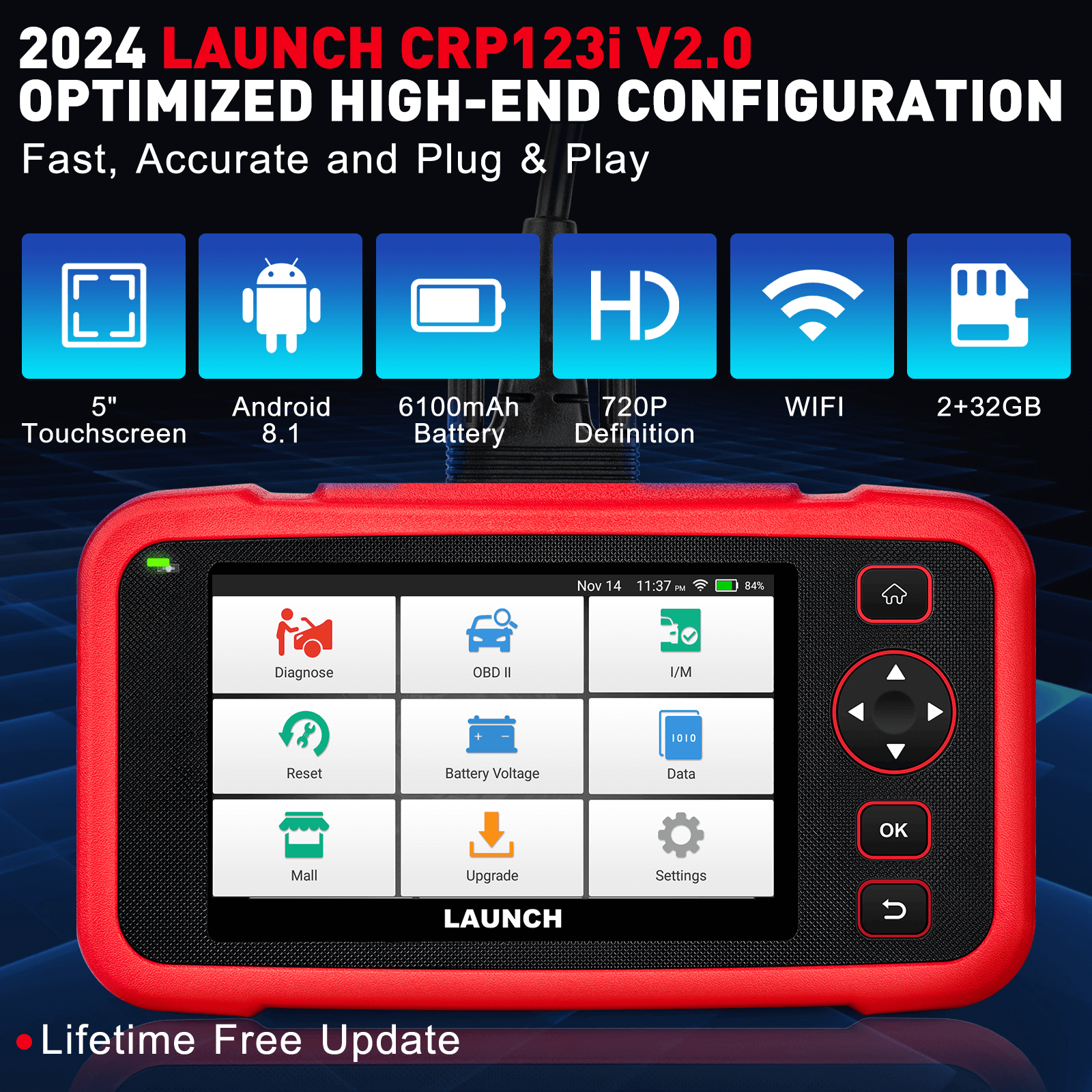 2025 LAUNCH CRP123i V2.0 Elite OBD2 Scanner – Engine/ABS/SRS/Transmission Diagnostic Tool with 7 Reset Functions, Battery Test, FCA SGW, Free Lifetime Updates
