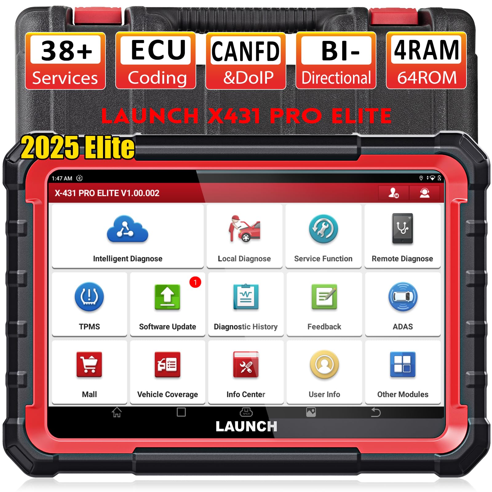 2025 LAUNCH X431 PRO Elite Launch Diagnostic Tool, Bi-Directional obd2 code reader, ECU Online Coding, Full System, 37+ Resets Services, CANFD DOIP, FCA, Key Program, with 2 Years Update