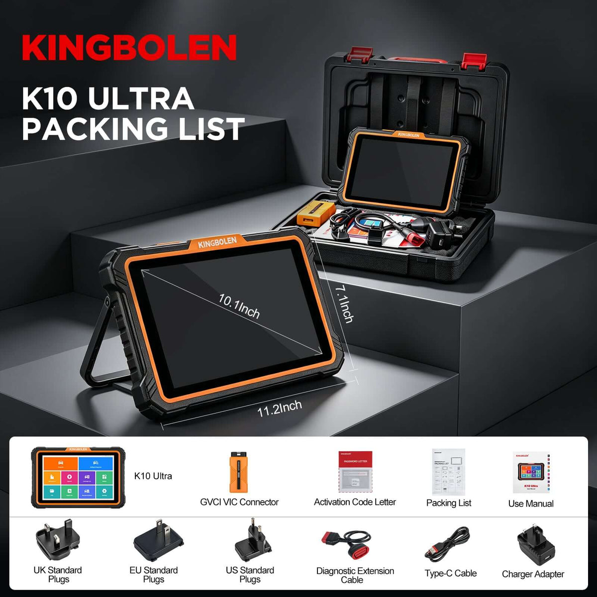 KINGBOLEN K10 Ultra J2534 Pass-Thru Scanner packing list with display and included accessories