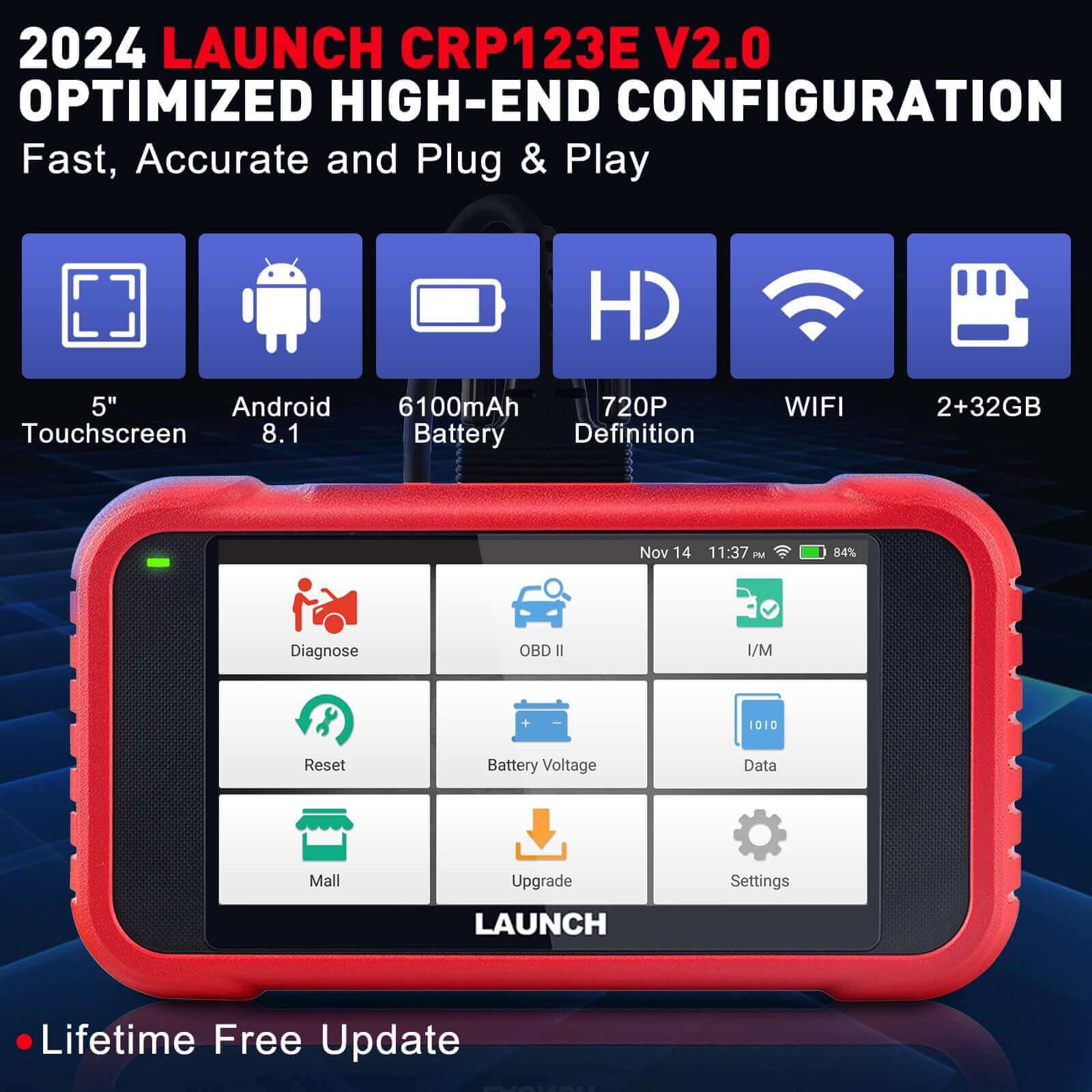 2025 Upgraded LAUNCH CRP123E V2.0 OBD2 Scanner – Diagnostic Tool for Engine, ABS, SRS, Transmission with 7 Reset Functions: Oil, Throttle, SAS, BMS, EPB, DPF, ABS Bleeding, Battery Test, FCA SGW, Lifetime Free Updates
