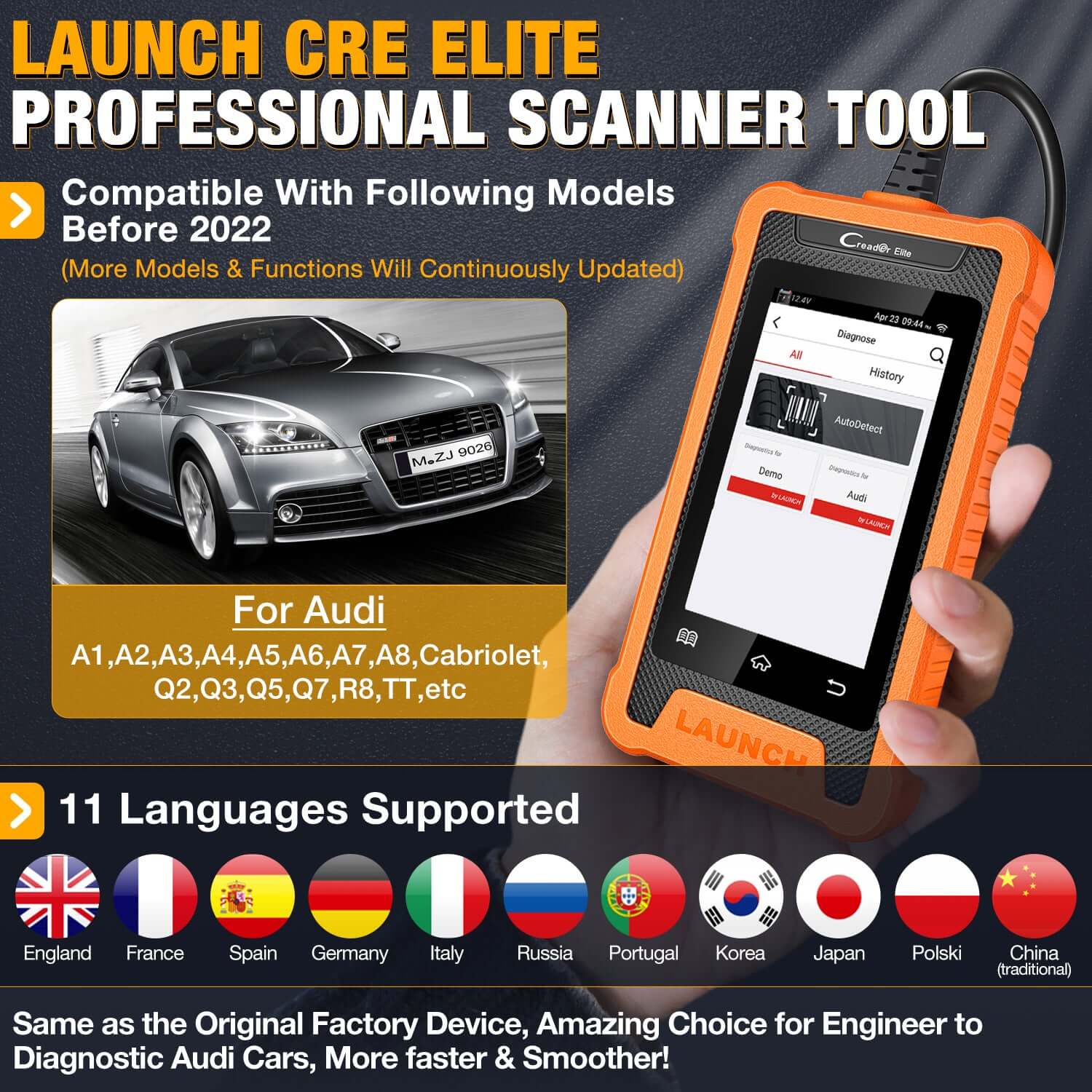 LAUNCH X431 Creader Elite For VW Audi Car Full System Bi directional Diagnostic Scanner OBD2 Code Reader(Support Volkswagen, Audi, Bentley, Skoda, Bugatti, Lamborghini, Seat)