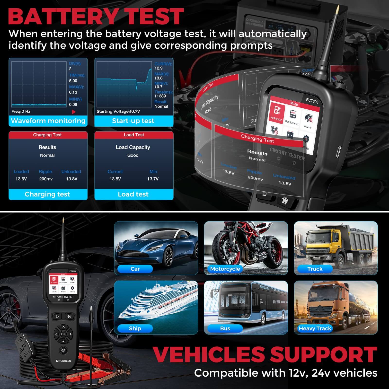 KINGBOLEN ECT600 12/24V Car Battery Tester Multi-function Battery Analyzer 0-80V DC With 10m Extension Cord