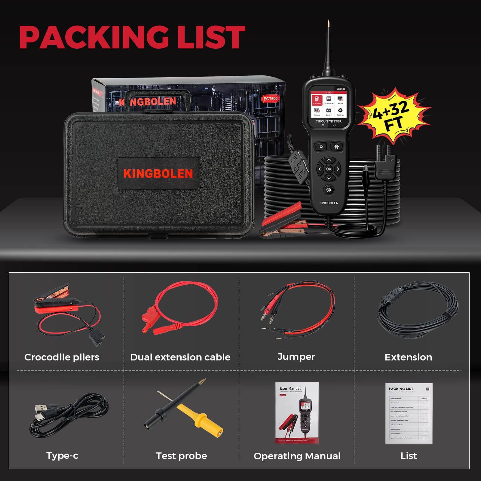 KINGBOLEN ECT600 12/24V Car Battery Tester Multi-function Battery Analyzer 0-80V DC With 10m Extension Cord