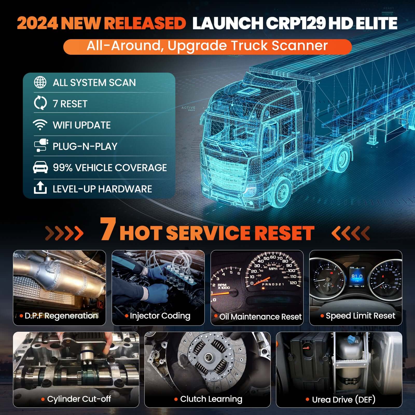 LAUNCH CRP129 HD Elite Heavy Duty Truck Full System Scanner with 7 Resets