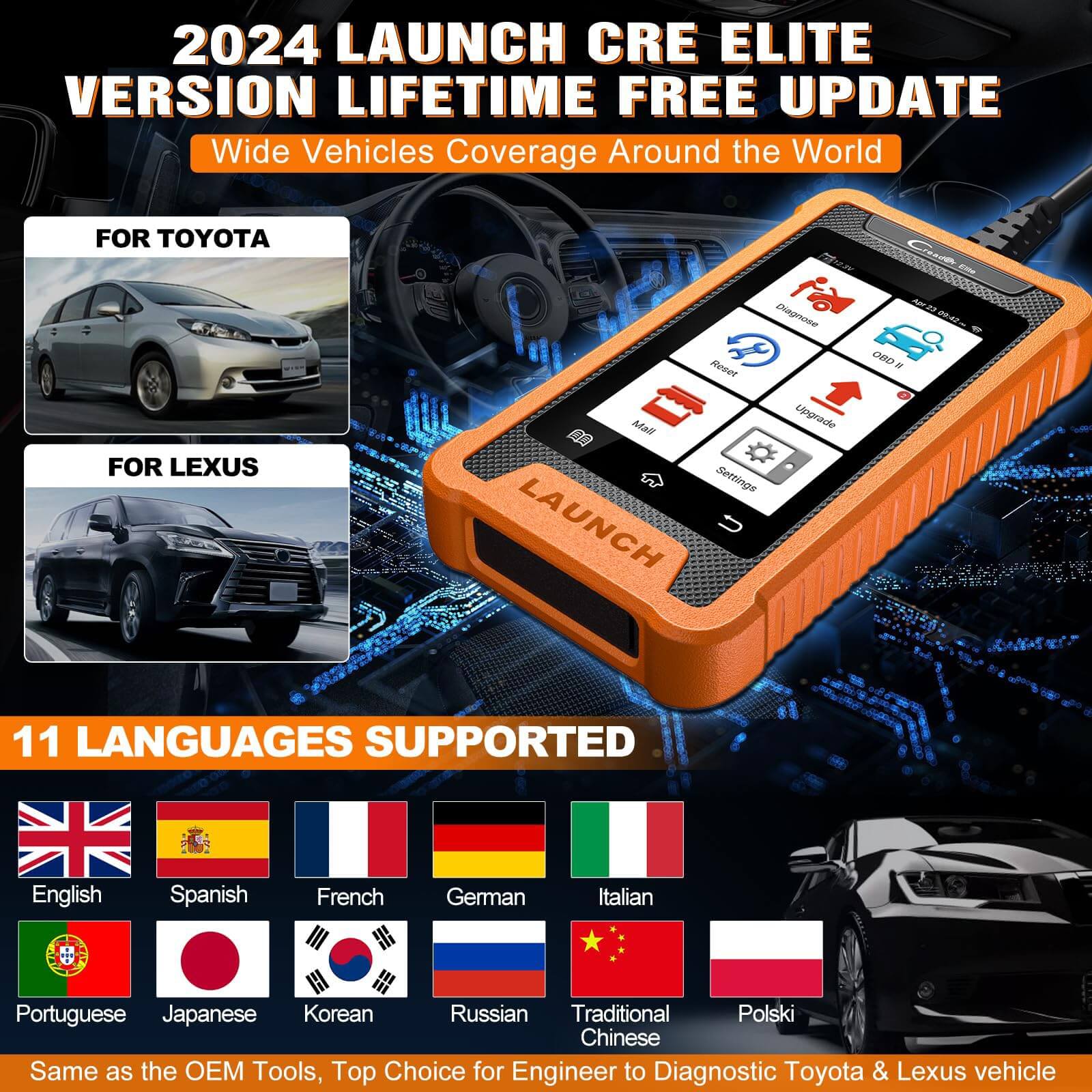 LAUNCH X431 Creader Elite for Toyota Car OBD2 Bi directional Diagnostic Scanner ALL System Code Reader (Support Lexus, Toyota China)