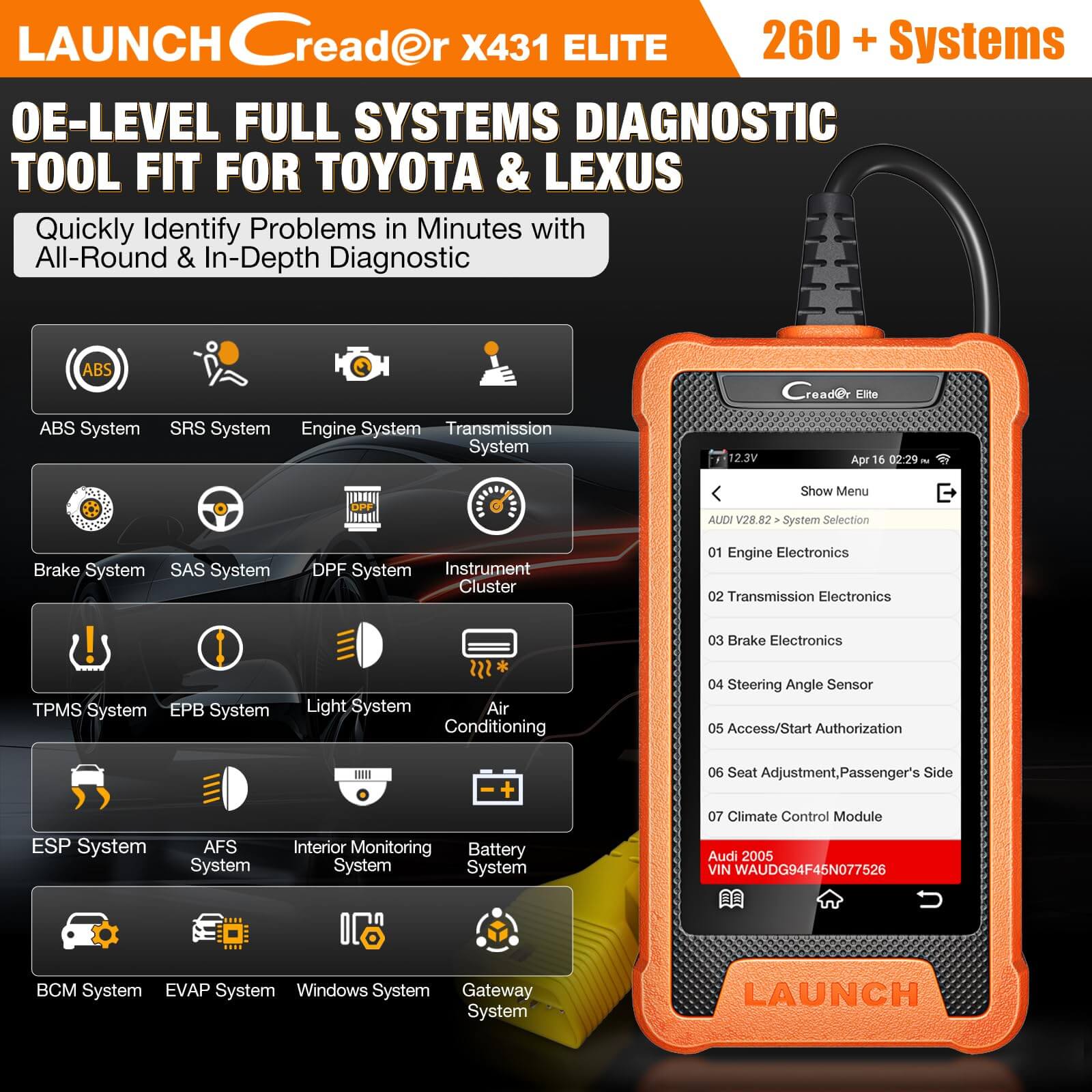 LAUNCH X431 Creader Elite for Toyota Car OBD2 Bi directional Diagnostic Scanner ALL System Code Reader (Support Lexus, Toyota China)