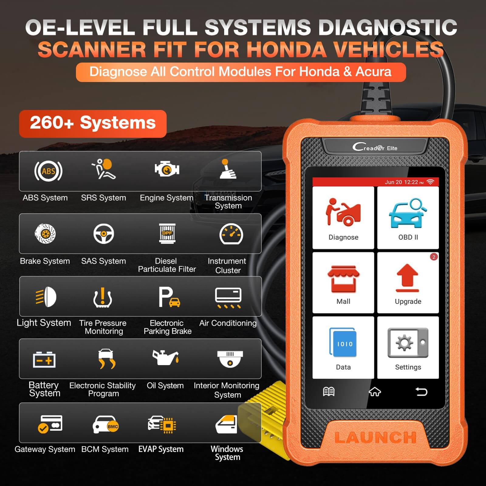 LAUNCH X431 Creader Elite For HONDA OBD2 Scanner Bi directional Diagnostic Tool Professional Code Reader(Support Acura, Dongfeng Honda, GAC Honda)