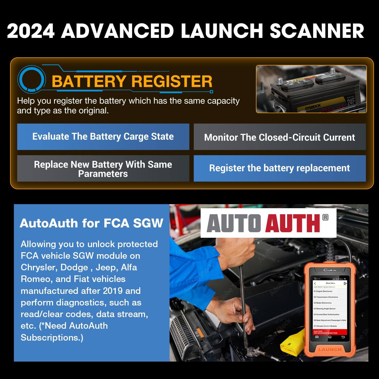 LAUNCH X431 Creader Elite for Chrysler Bidirectional Diagnostic Tool OBD2 Scanner ABS SRS DPF Oil Reset Code Reader(Support Chrysler, Dodge, Jeep)