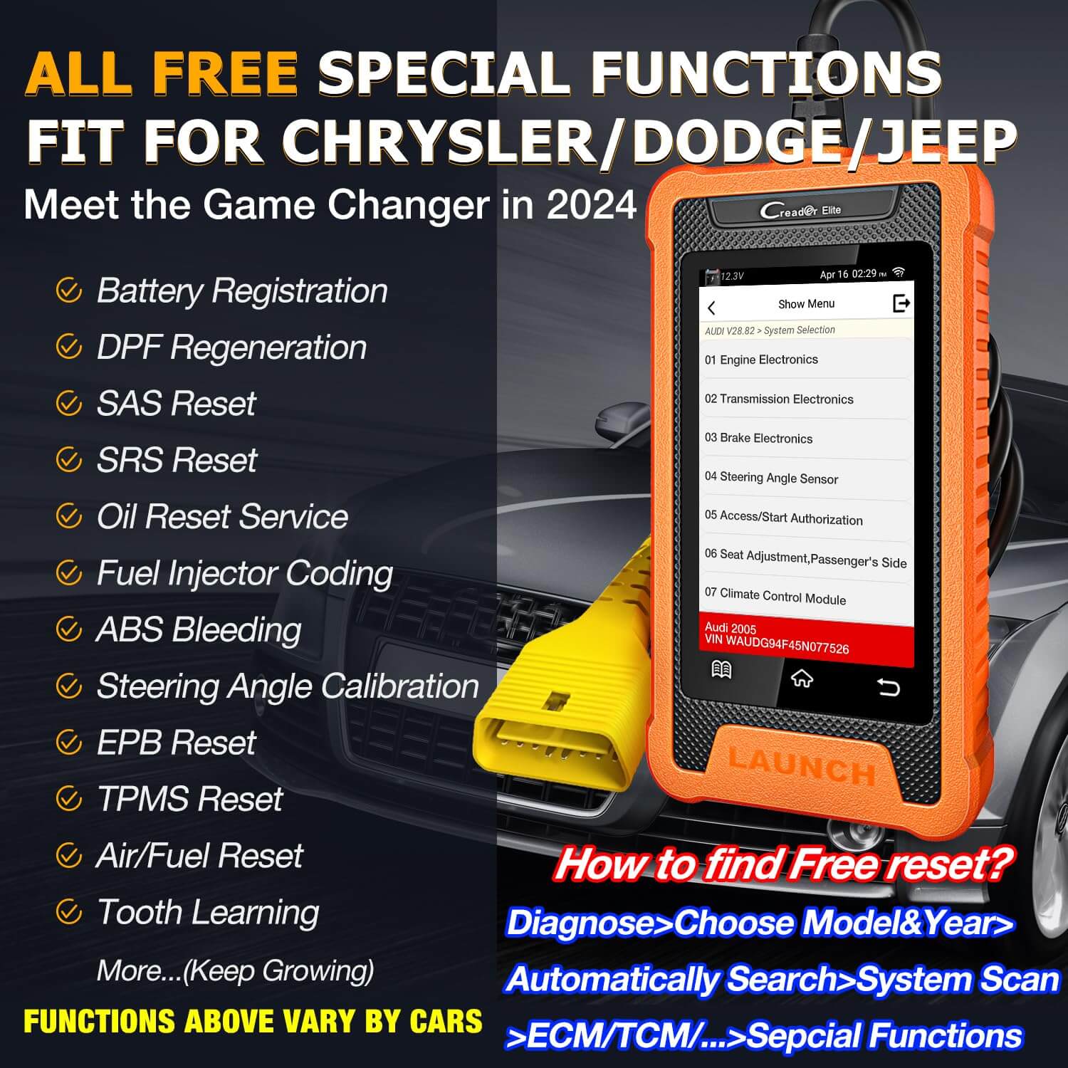 LAUNCH X431 Creader Elite for Chrysler Bidirectional Diagnostic Tool OBD2 Scanner ABS SRS DPF Oil Reset Code Reader(Support Chrysler, Dodge, Jeep)