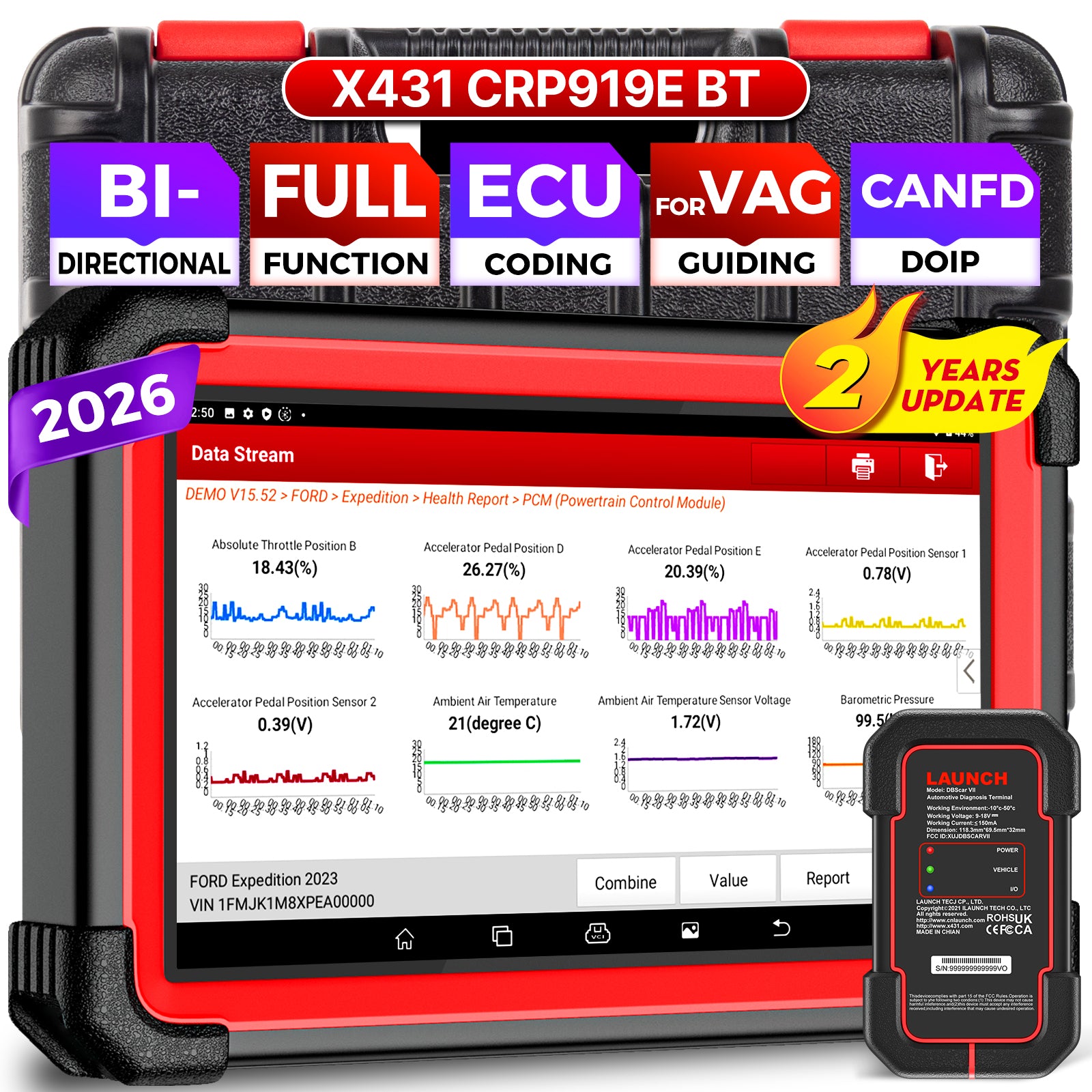 LAUNCH X431 CRP919E BT OBD2 Diagnosegerät Auto,OE-Level Alle Systemdiagnose & Bidirektionale Steuerung,kfz Tester mit 45+ Reset-Services,ECU-Kodierung,für VAG Geführte,FCA, CANFD+DOIP, 2 Jahre Update