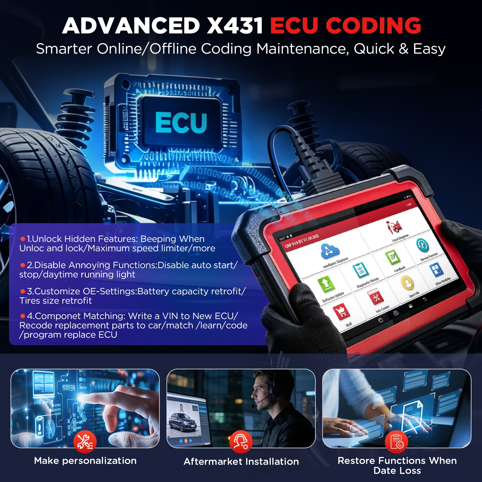 LAUNCH X431 CRP919E BT OBD2 Diagnosegerät Auto,OE-Level Alle Systemdiagnose & Bidirektionale Steuerung,kfz Tester mit 45+ Reset-Services,ECU-Kodierung,für VAG Geführte,FCA, CANFD+DOIP, 2 Jahre Update