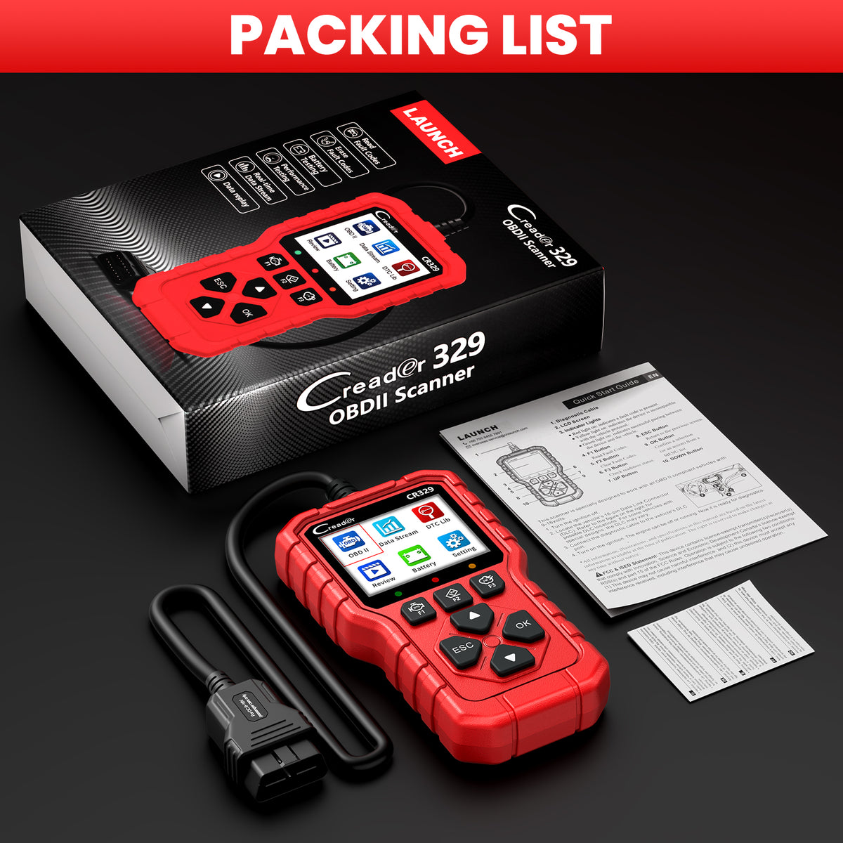 LAUNCH CR329 OBD2 Diagnosis | Maquina Diagnosis Coche Multimarca (Rojo) Analizador Motor | Test Batería, Diagnostica fallos Check Engine al instante | Datos en tiempo real | Para coches 1996-2026