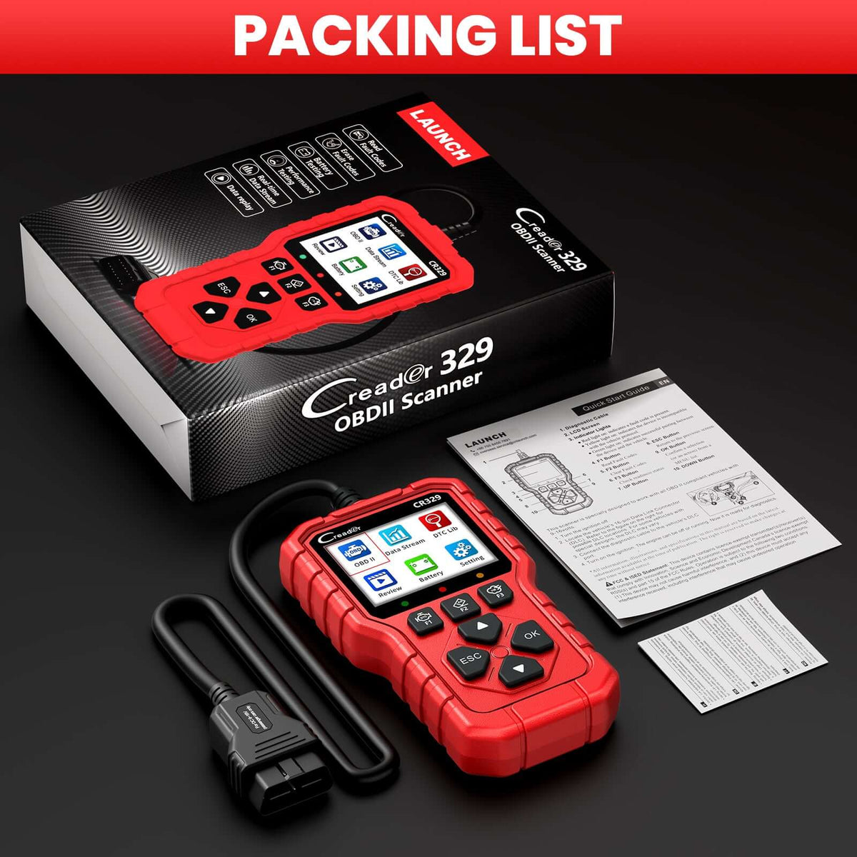 LAUNCH CR329 OBD2 Diagnosis | Maquina Diagnosis Coche Multimarca (Rojo) Analizador Motor | Test Batería, Diagnostica fallos Check Engine al instante | Datos en tiempo real | Para coches 1996-2026