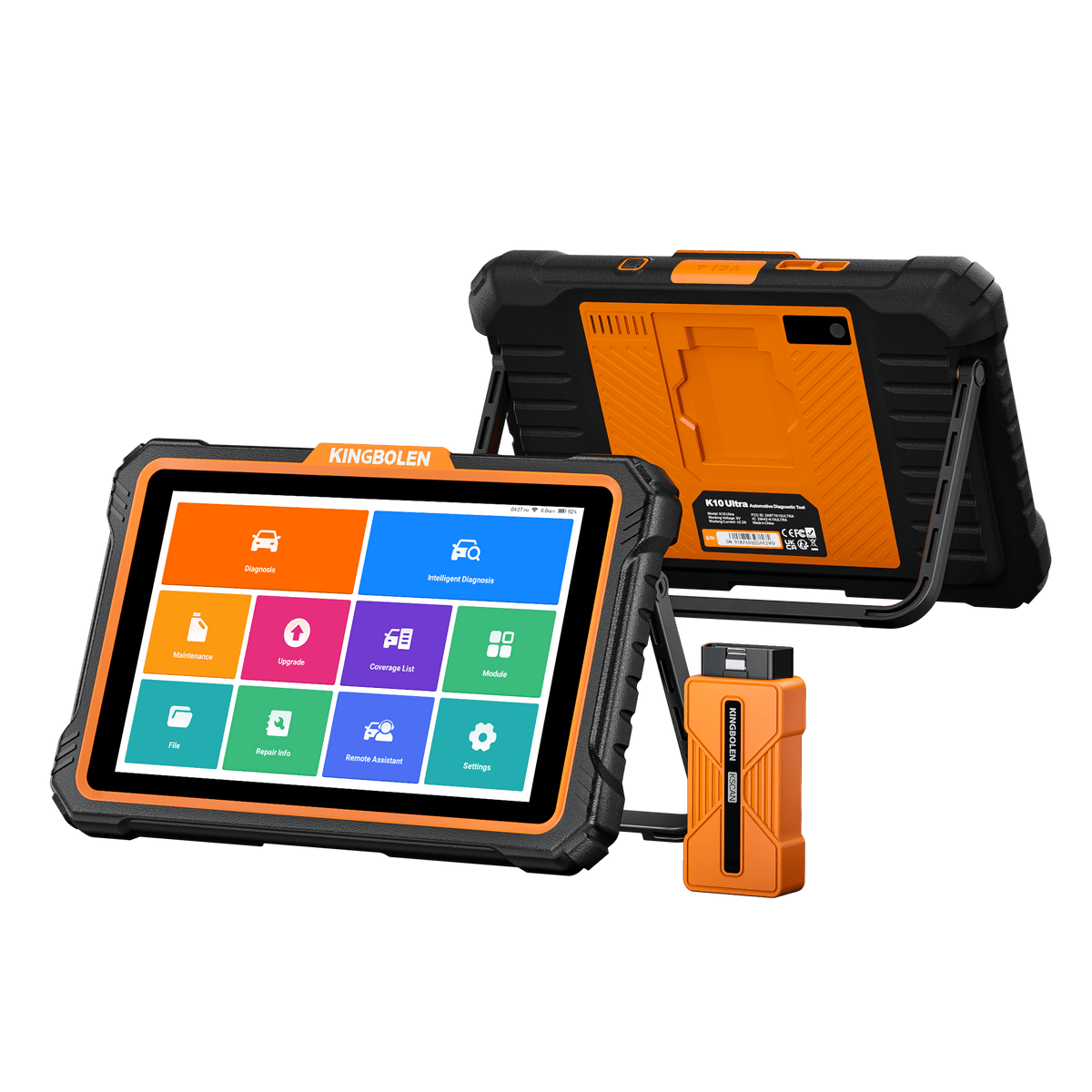 KINGBOLEN K10 Ultra J2534 Pass-Thru Scanner with touchscreen and diagnostic connector for bi-directional diagnostics.