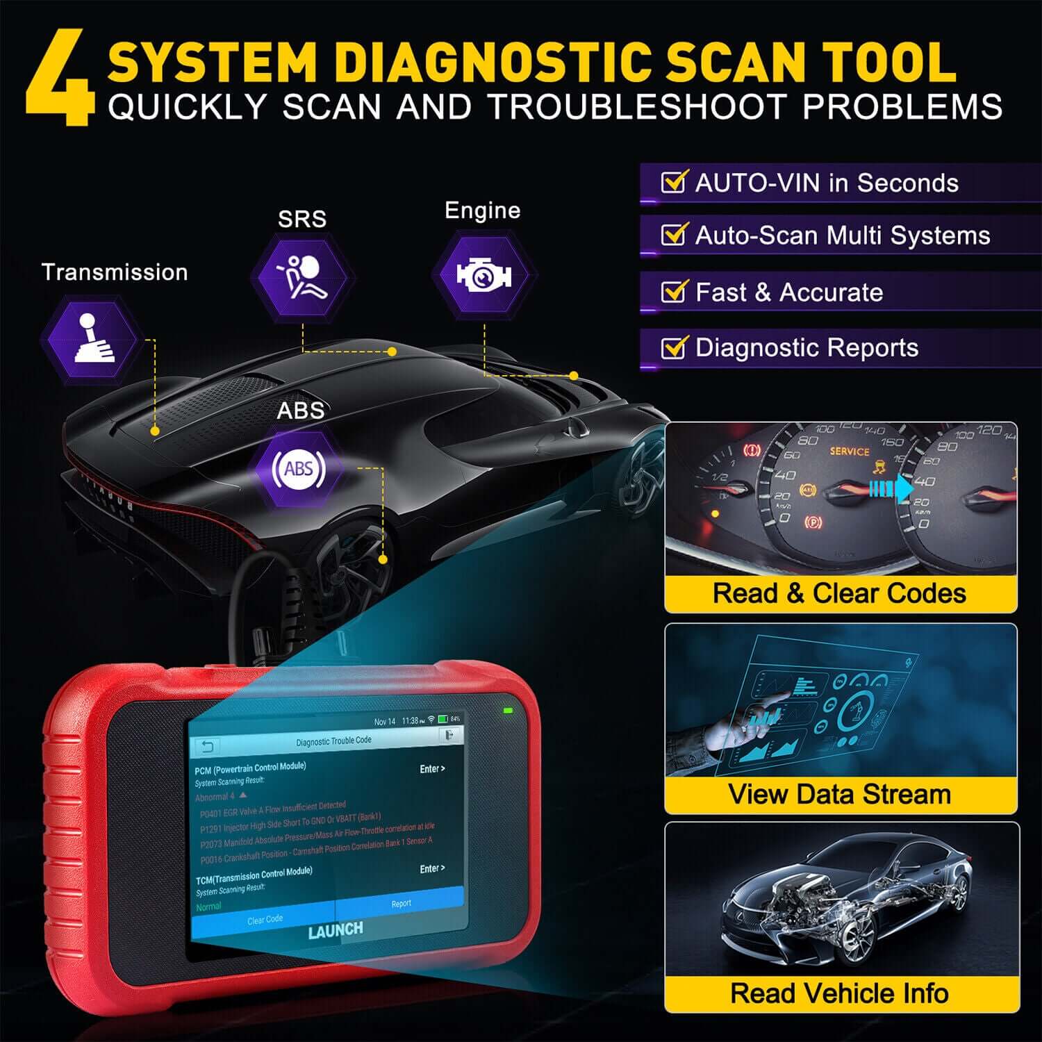 2025 LAUNCH CRP129E V2.0 Elite OBD2 Scanner – Engine/ABS/SRS/Transmission Code Reader, 12 Resets incl. Injector Coding, ABS Bleed, Oil/EPB/TPMS, FCA AutoAuth, Auto VIN, Free Lifetime Updates