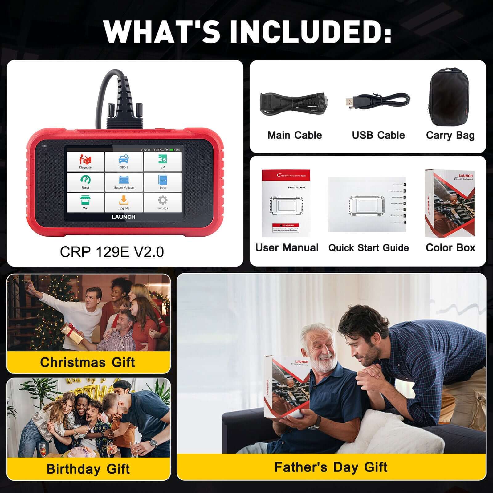 2025 LAUNCH CRP129E V2.0 Elite OBD2 Scanner – Engine/ABS/SRS/Transmission Code Reader, 12 Resets incl. Injector Coding, ABS Bleed, Oil/EPB/TPMS, FCA AutoAuth, Auto VIN, Free Lifetime Updates