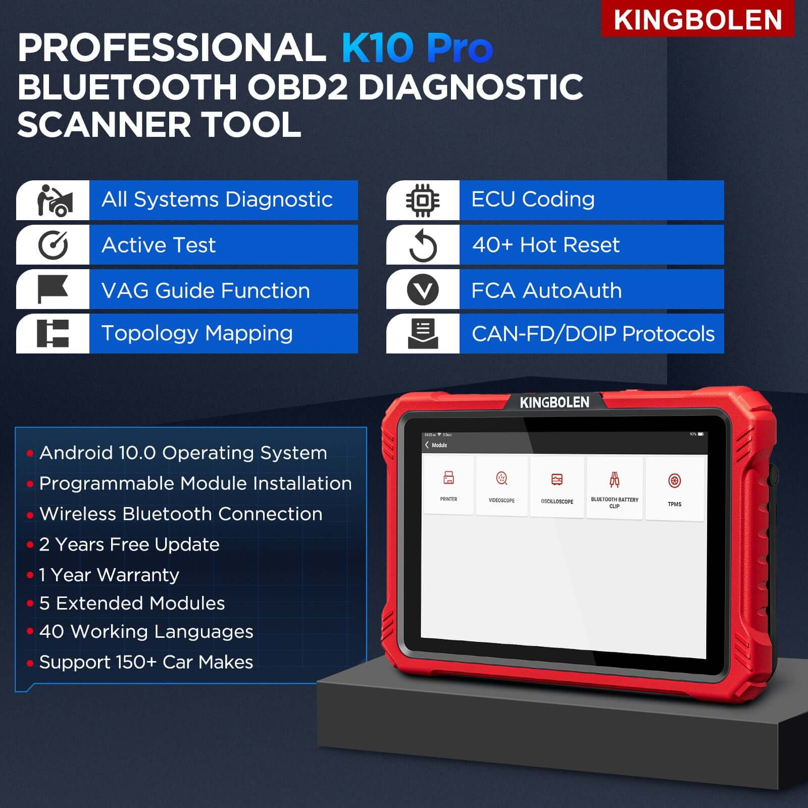 2026 Kingbolen K10 PRO CANFD&Doip Bluetooth Obd2 Scanner 40+ Resets All System Car Diagnostic Tools With ECU Coding Active Test Guide Function