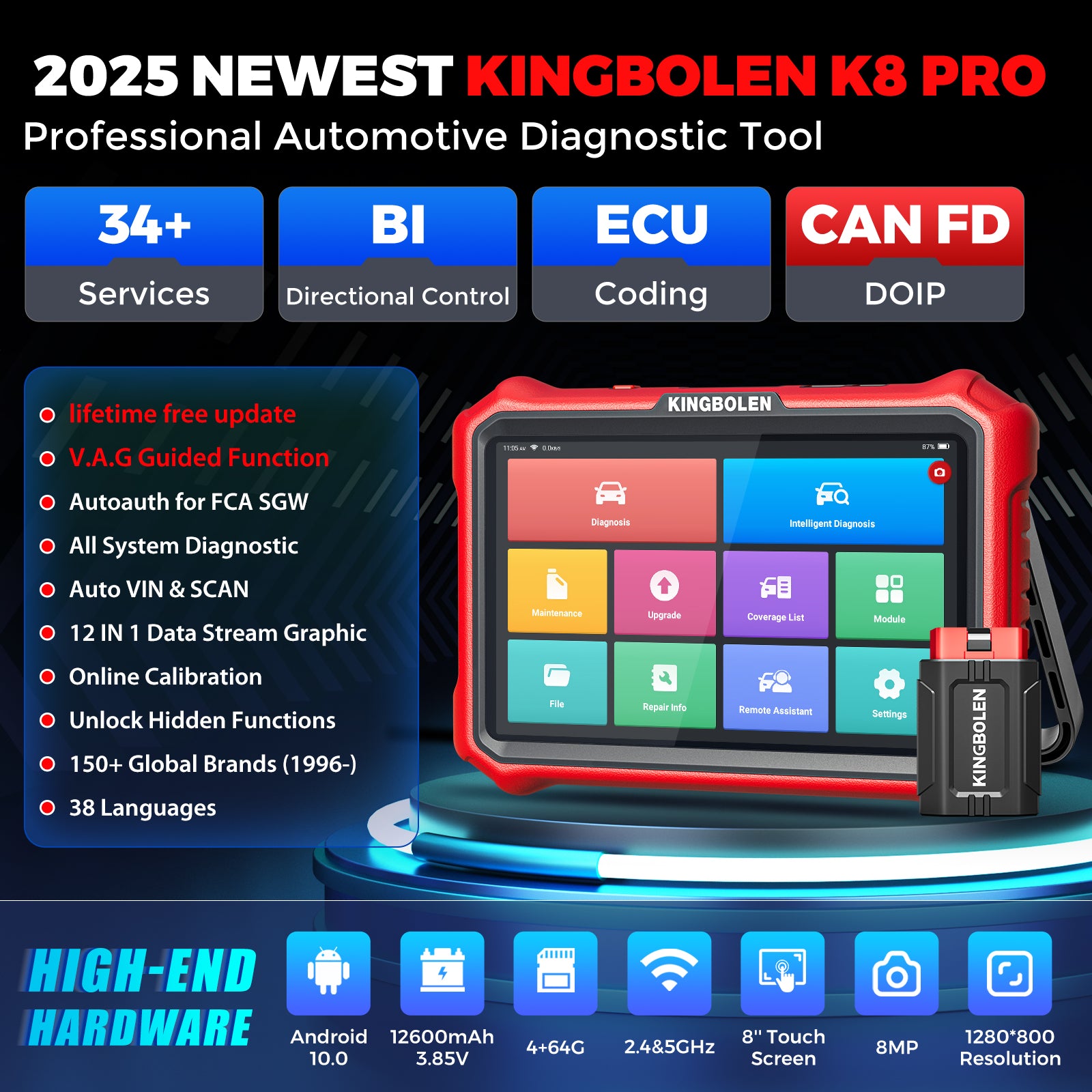 KINGBOLEN K8 PRO OE-LEVEL Car Diagnostic Tool with Lifetime Free Updates, Bluetooth 8" Wireless Scanner, ECU Coding, Bi-Directional, 34+ Reset, CANFD, DOIP, FCA AutoAuth