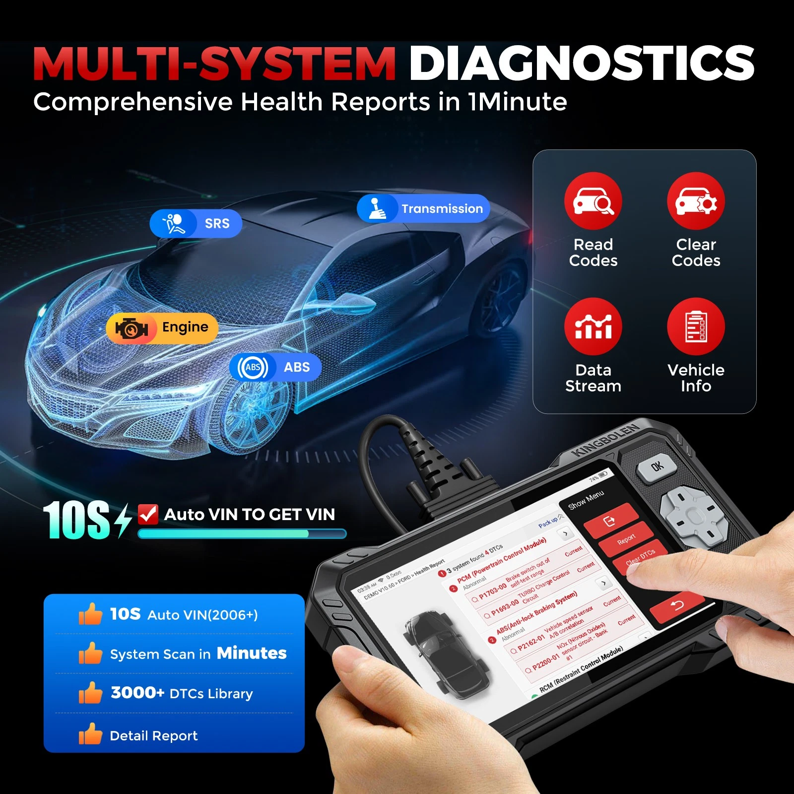 KINGBOLEN S608 multi-system diagnostics tool with comprehensive health reports and vehicle data analysis.