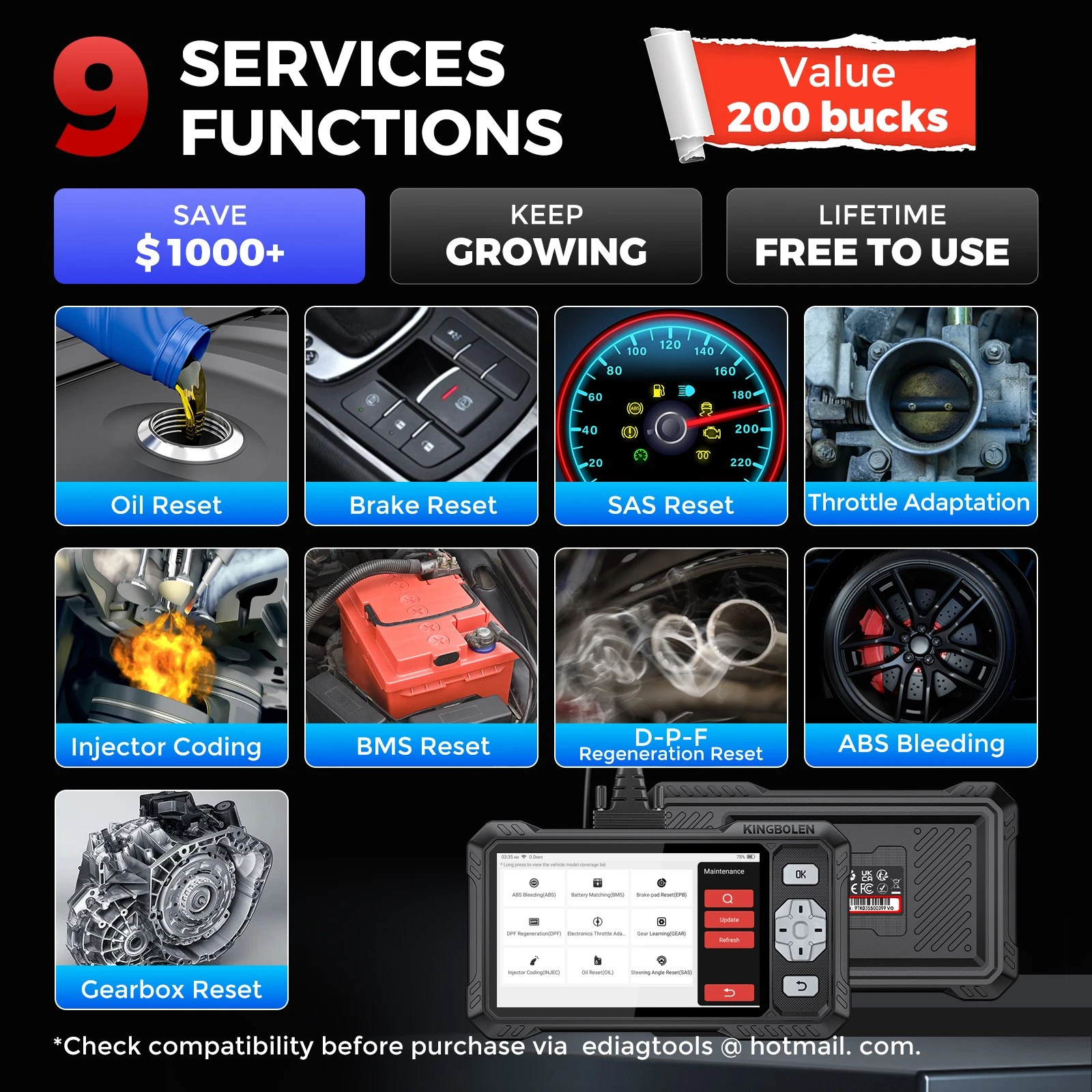 KINGBOLEN S608 Bi-Directional OBD2 Scanner with CAN FD & FCA/SGW Support for Full System Diagnostics and 9 Service Resets, Lifetime Free Update.