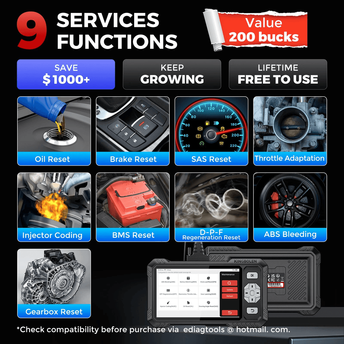KINGBOLEN S608 Bi-Directional OBD2 Scanner with CAN FD & FCA/SGW Support for Full System Diagnostics and 9 Service Resets, Lifetime Free Update.