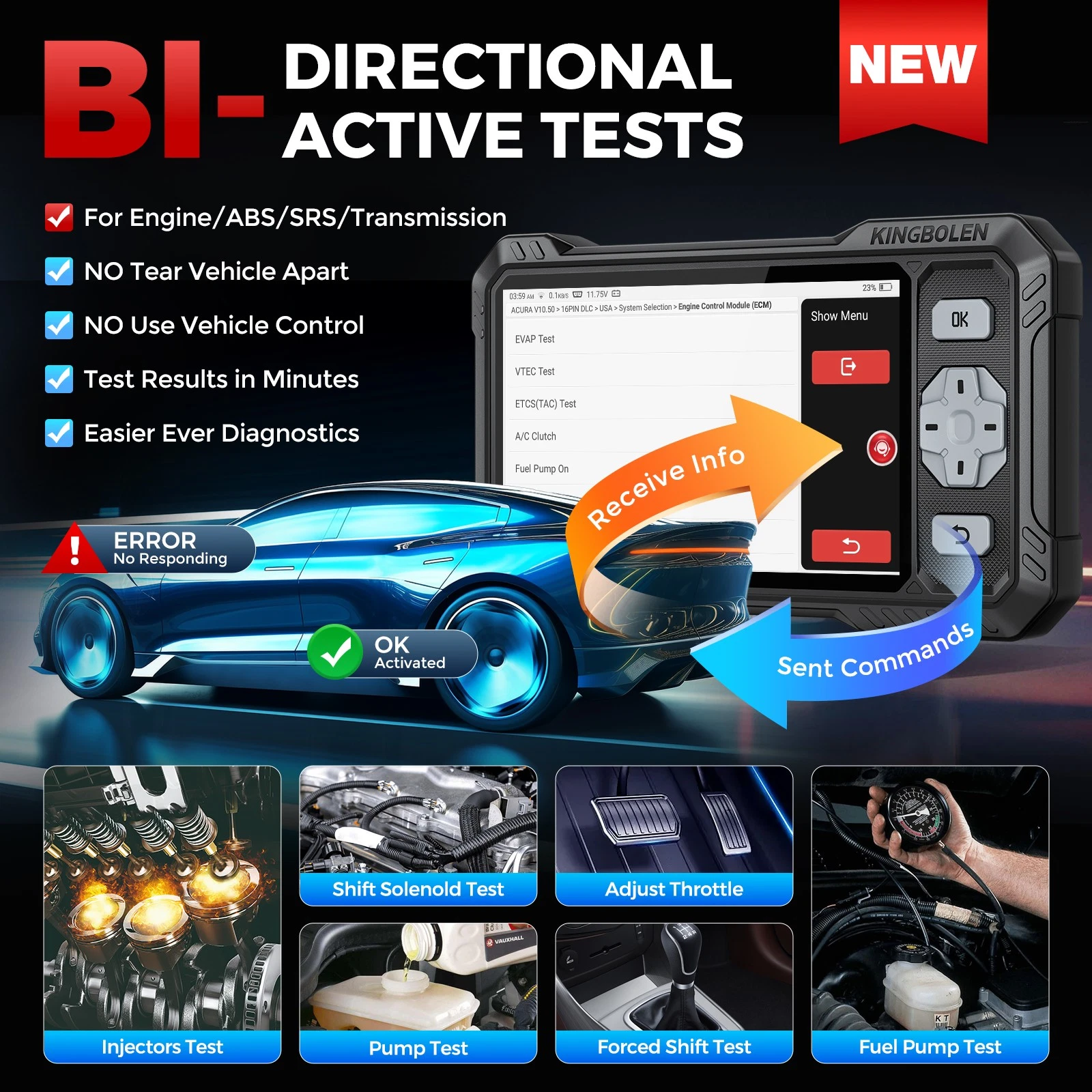 KINGBOLEN S608 Bi-Directional OBD2 scanner showcasing active tests for engine, ABS, SRS, and transmission diagnostics.