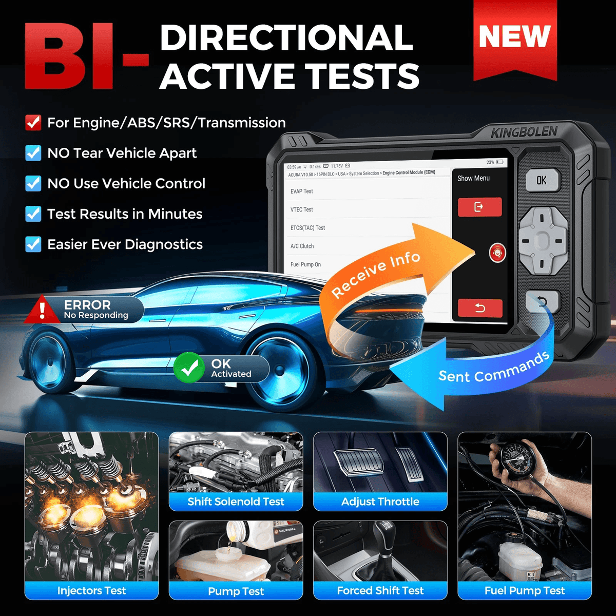 KINGBOLEN S608 Bi-Directional OBD2 Scanner with CAN FD & FCA/SGW Support for Full System Diagnostics and 9 Service Resets, Lifetime Free Update.