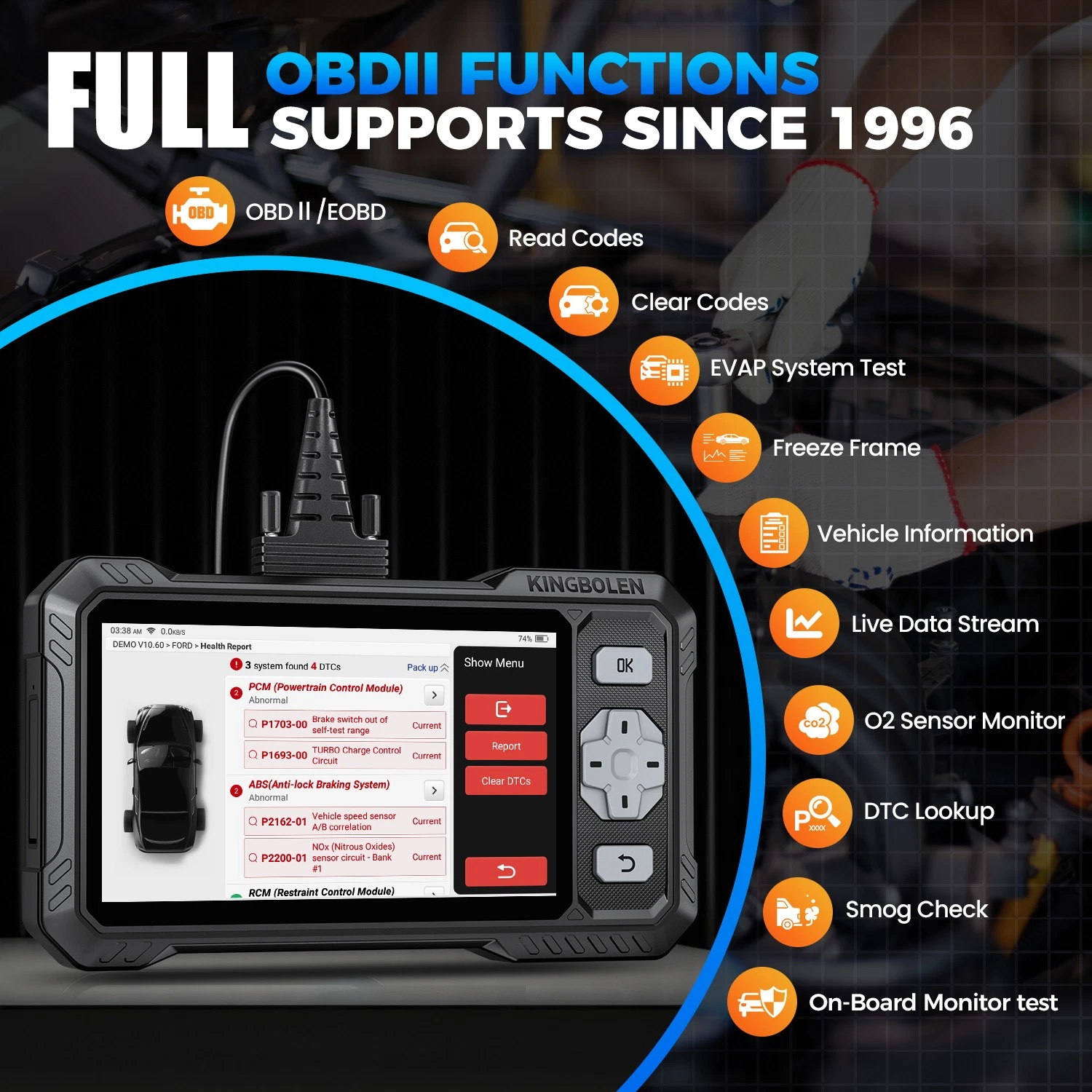 KINGBOLEN S608 OBD2 scanner displaying full OBDII functions, including read codes, live data stream, and vehicle information.