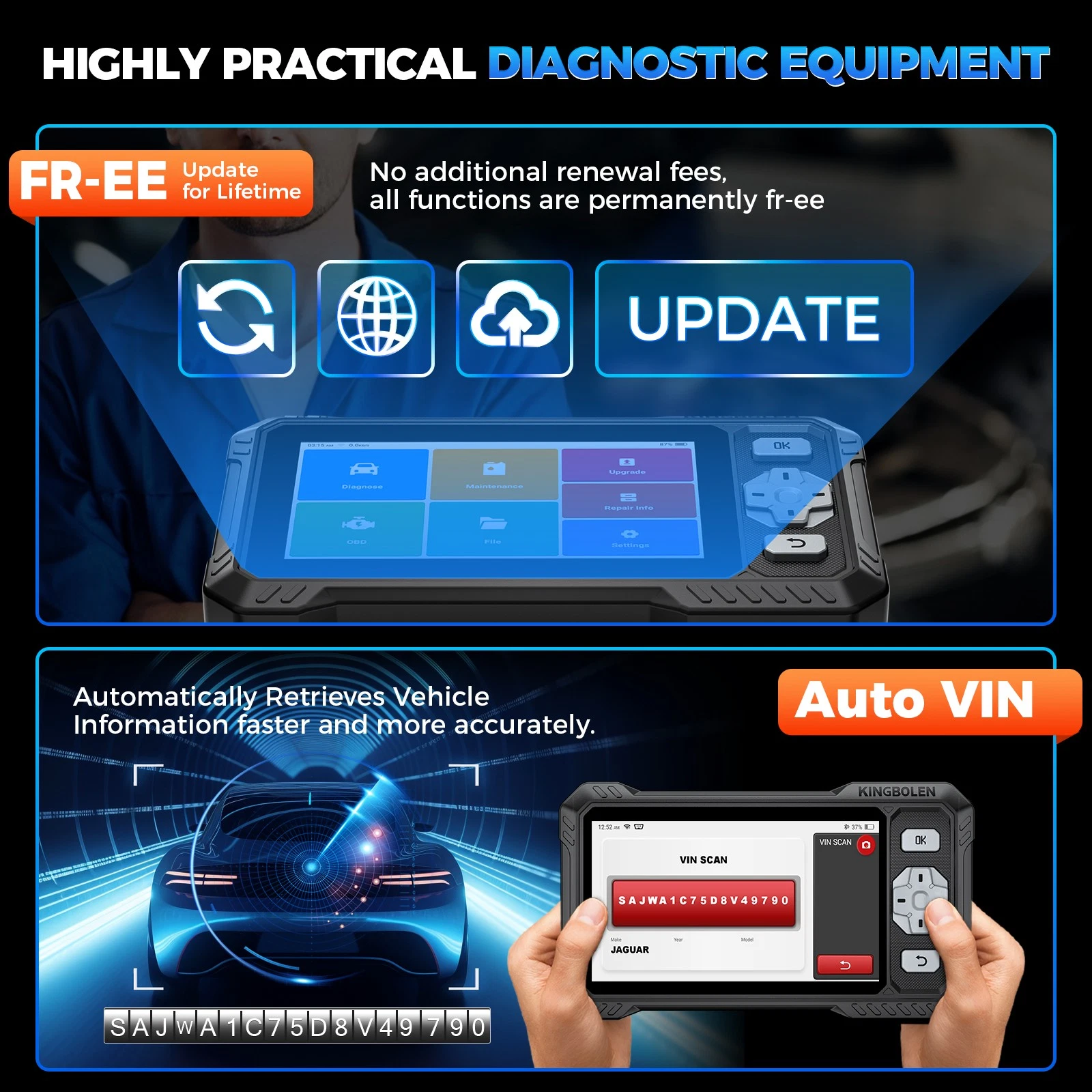 KINGBOLEN S608 Bi-Directional OBD2 Scanner with CAN FD & FCA/SGW Support for Full System Diagnostics and 9 Service Resets, Lifetime Free Update.
